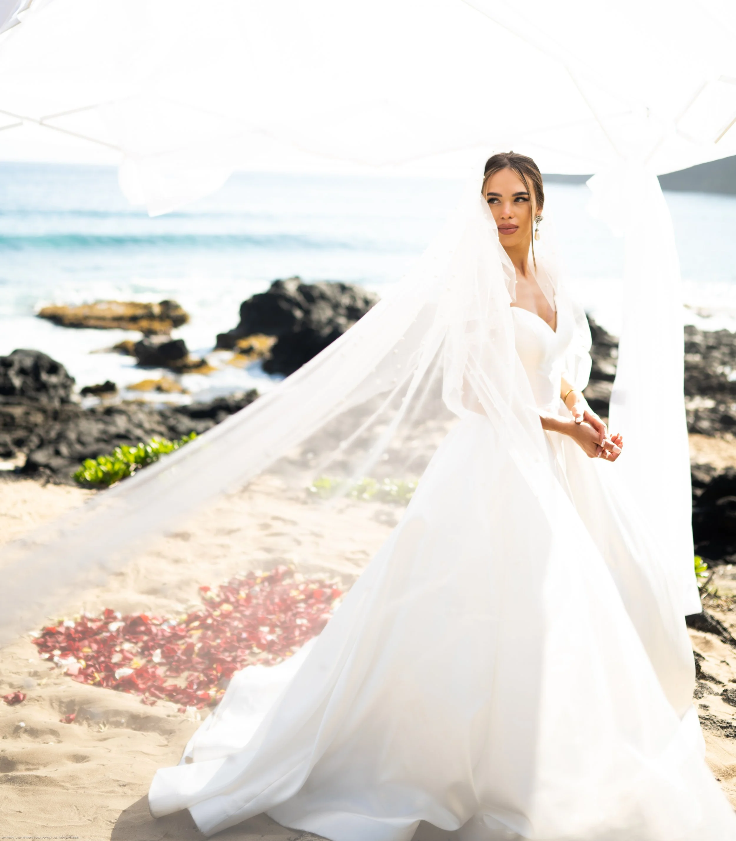 A woman wearing a white wedding dress and veil standing on a beach with rocks and the ocean behind her.