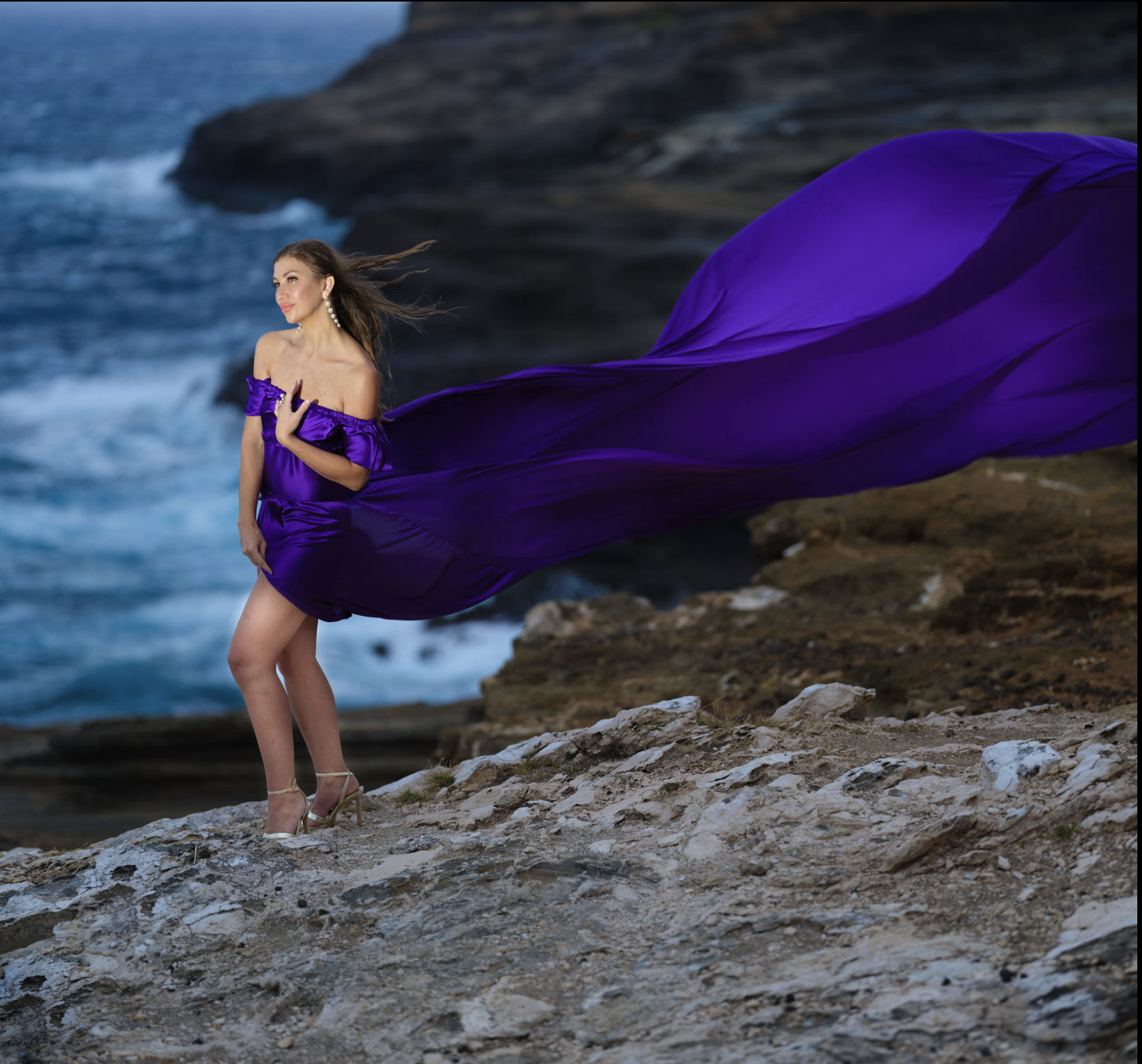 A woman in a purple flowing dress standing on rocky terrain by the ocean, with wind blowing her hair and dress, near cliffs and waves.