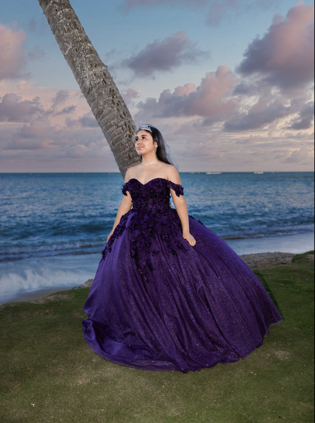 Young woman in a purple gown standing on grass near the ocean facing a palm tree with clouds in the sky at sunset.