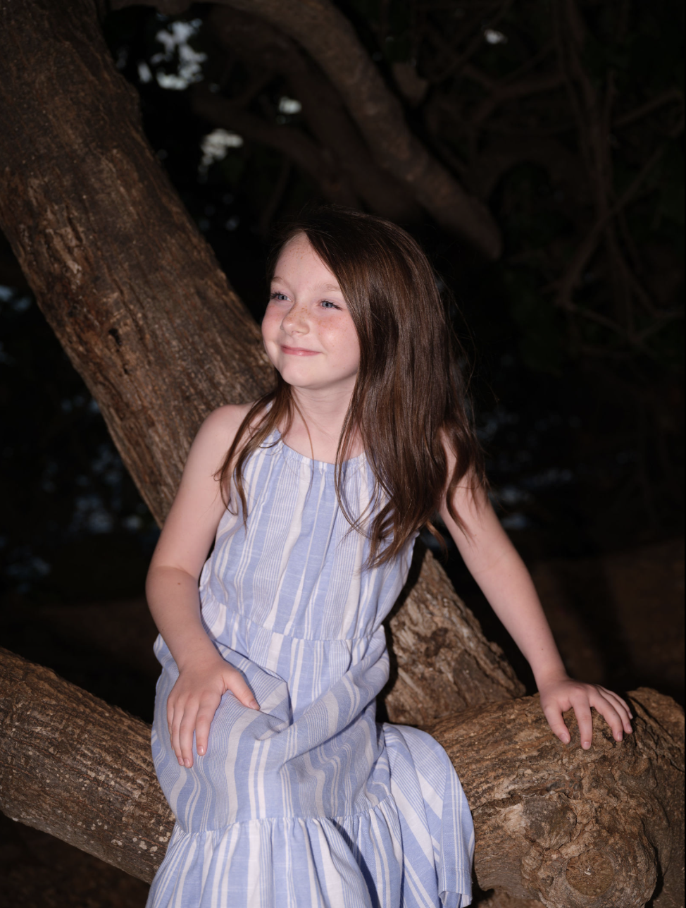 A young girl with long brown hair sitting on a tree branch, wearing a blue and white striped dress, smiling as she looks into the distance at dusk or night.