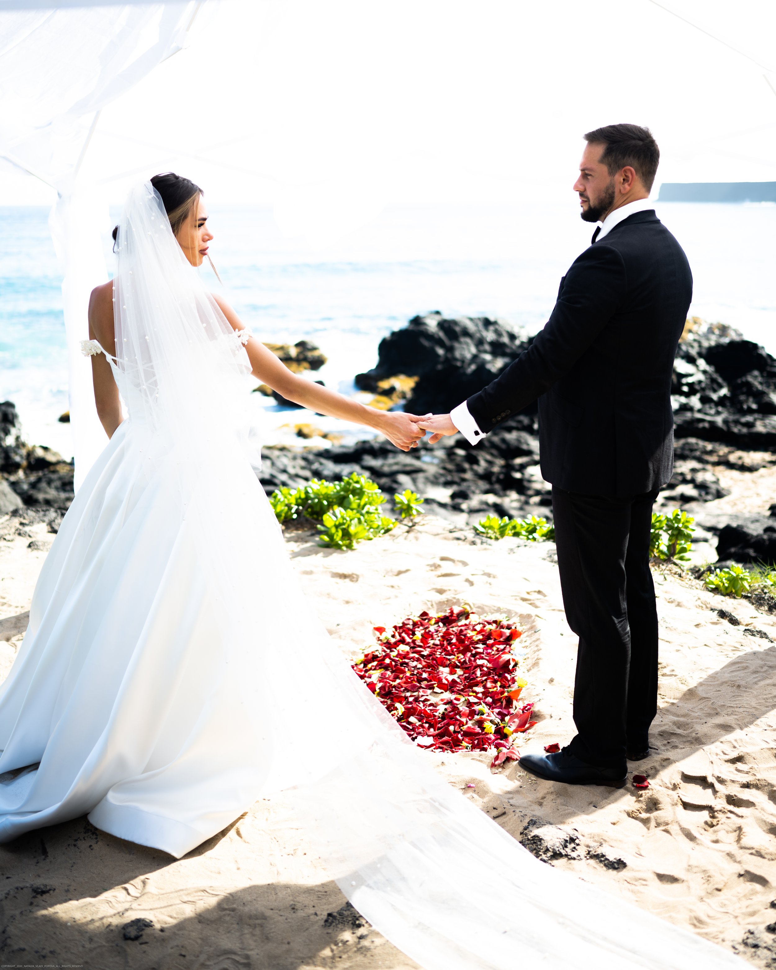 A bride and groom holding hands during a beach wedding ceremony under a white canopy, with heart-shaped rose petals on the sand, ocean waves and rocks in the background.
