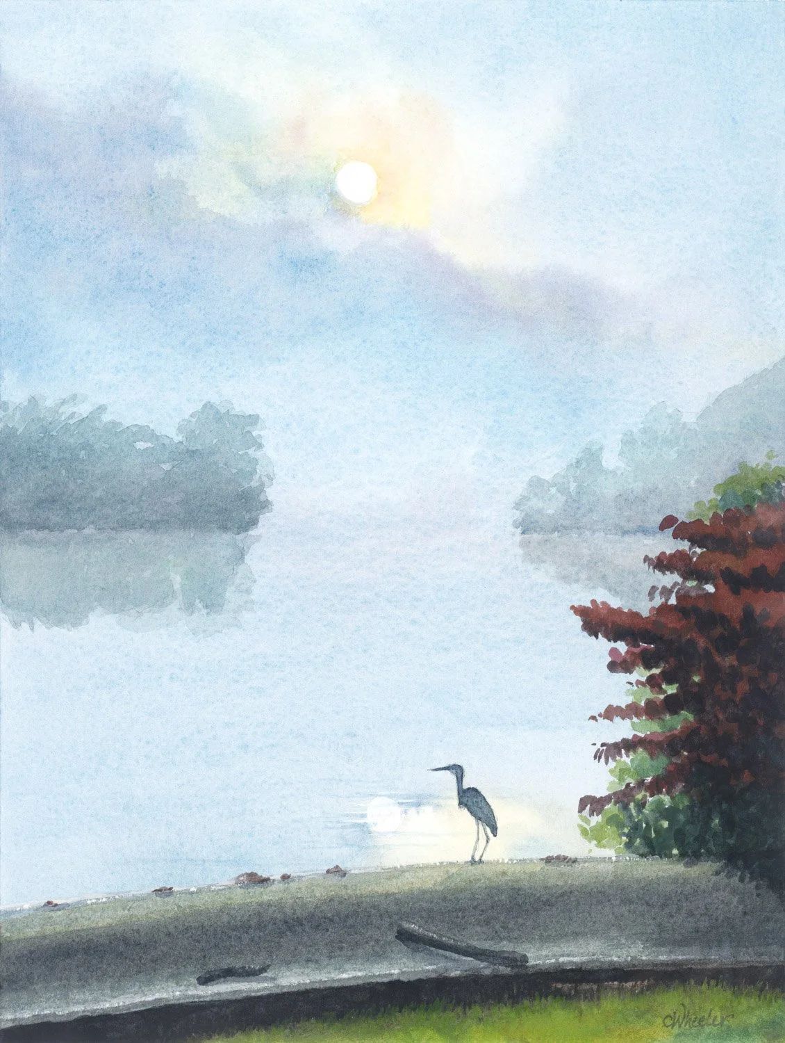 Radiant watercolor painting of a sun drenched, misty morning on a lake backed by mountains with a heron looking out over the water.