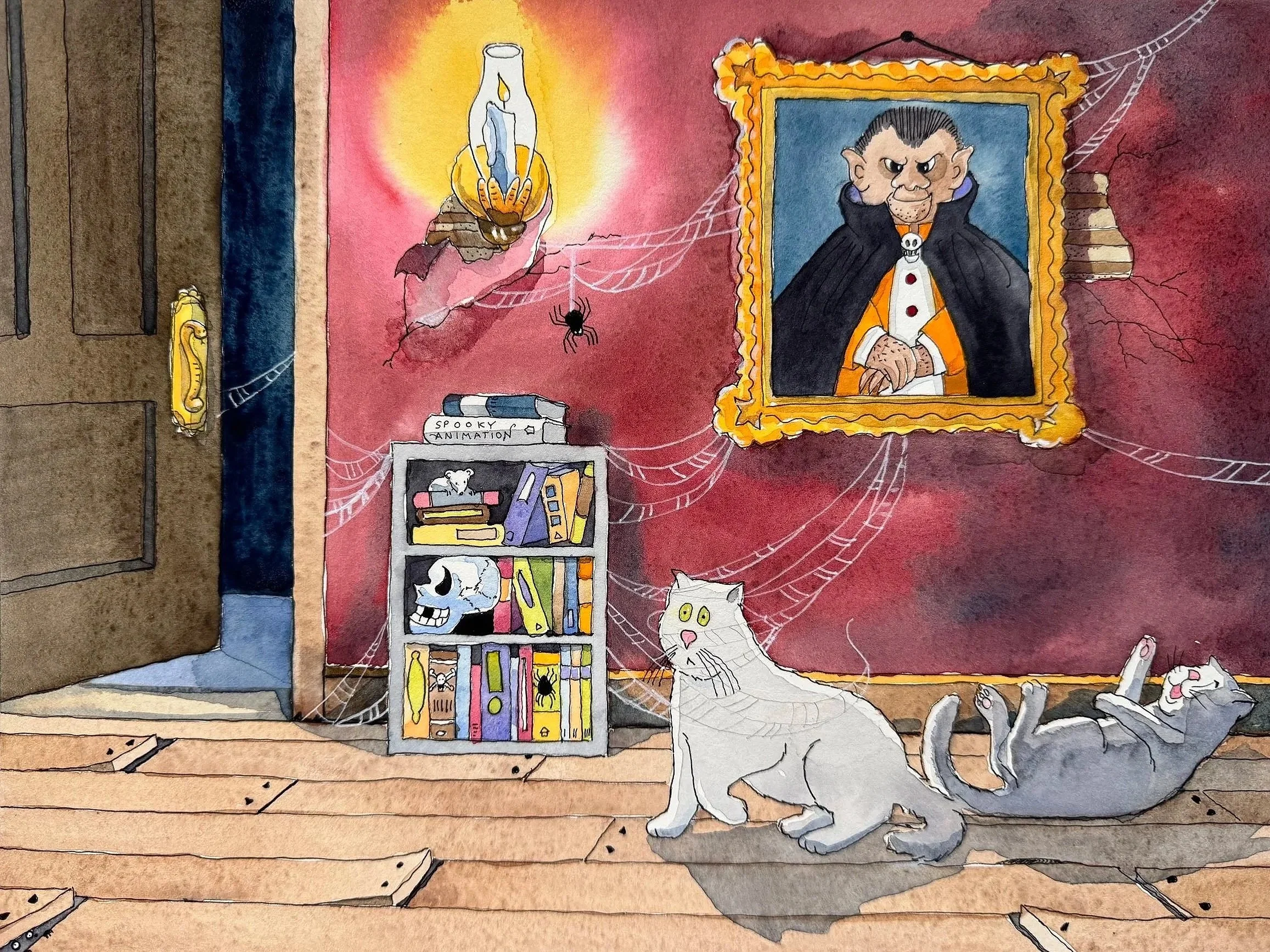 Pen, ink and watercolor illustration, by famous artist Cindy Wheeler, of two scared kitties in a haunted house filled with cobwebs, skulls and other scary things.