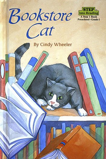 Illustration of a black and white cat lying on a bookshelf surrounded by colorful books on the cover of a children's book titled 'Bookstore Cat' by Cindy Wheeler.