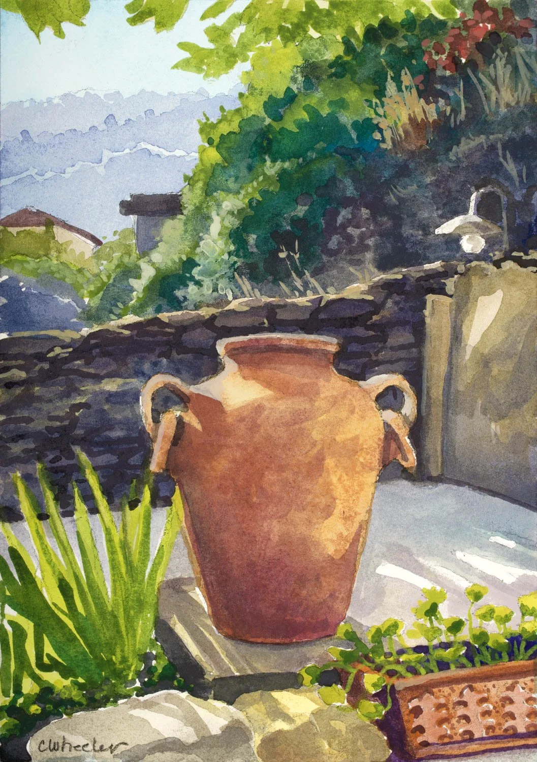 Light filled watercolor painting of terracotta urn in stone terraced garden.