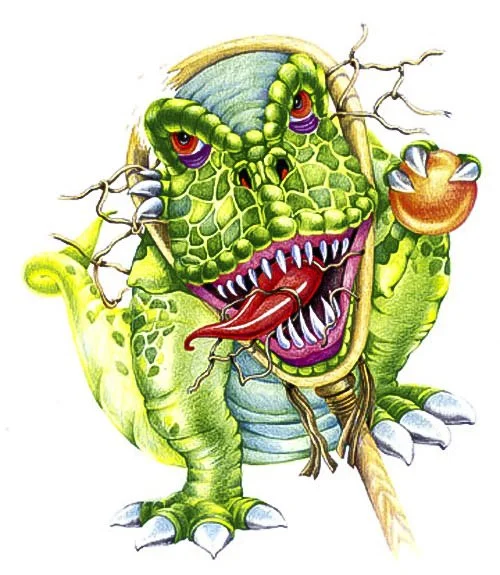 A colorful illustration of a dragon with a crocodile face, holding a lollipop in its paw, with a stick in its mouth and a tongue sticking out.