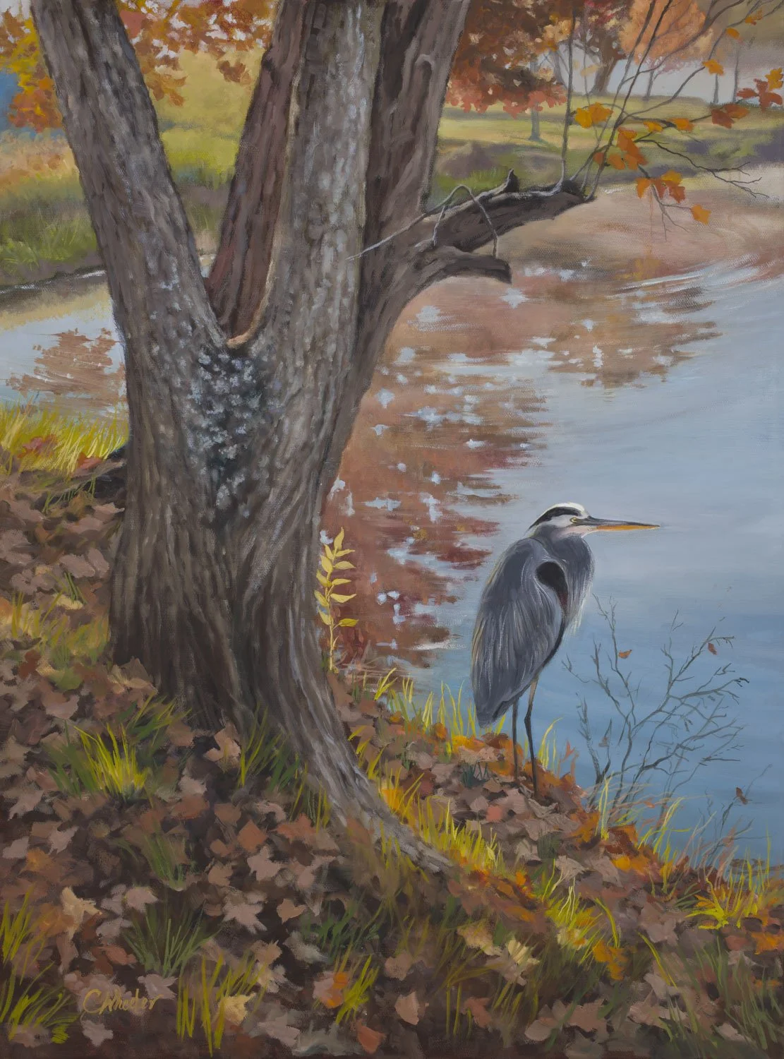 Fine art wildlife painting of a fall lakeside scene with a heron looking out over the water.