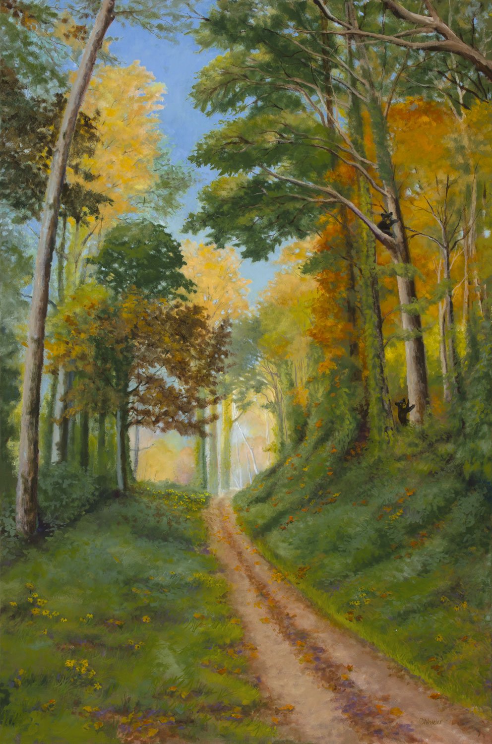 Fine art oil painting of Smoky Mountain scene with a path winding through the golden trees of autumn.
