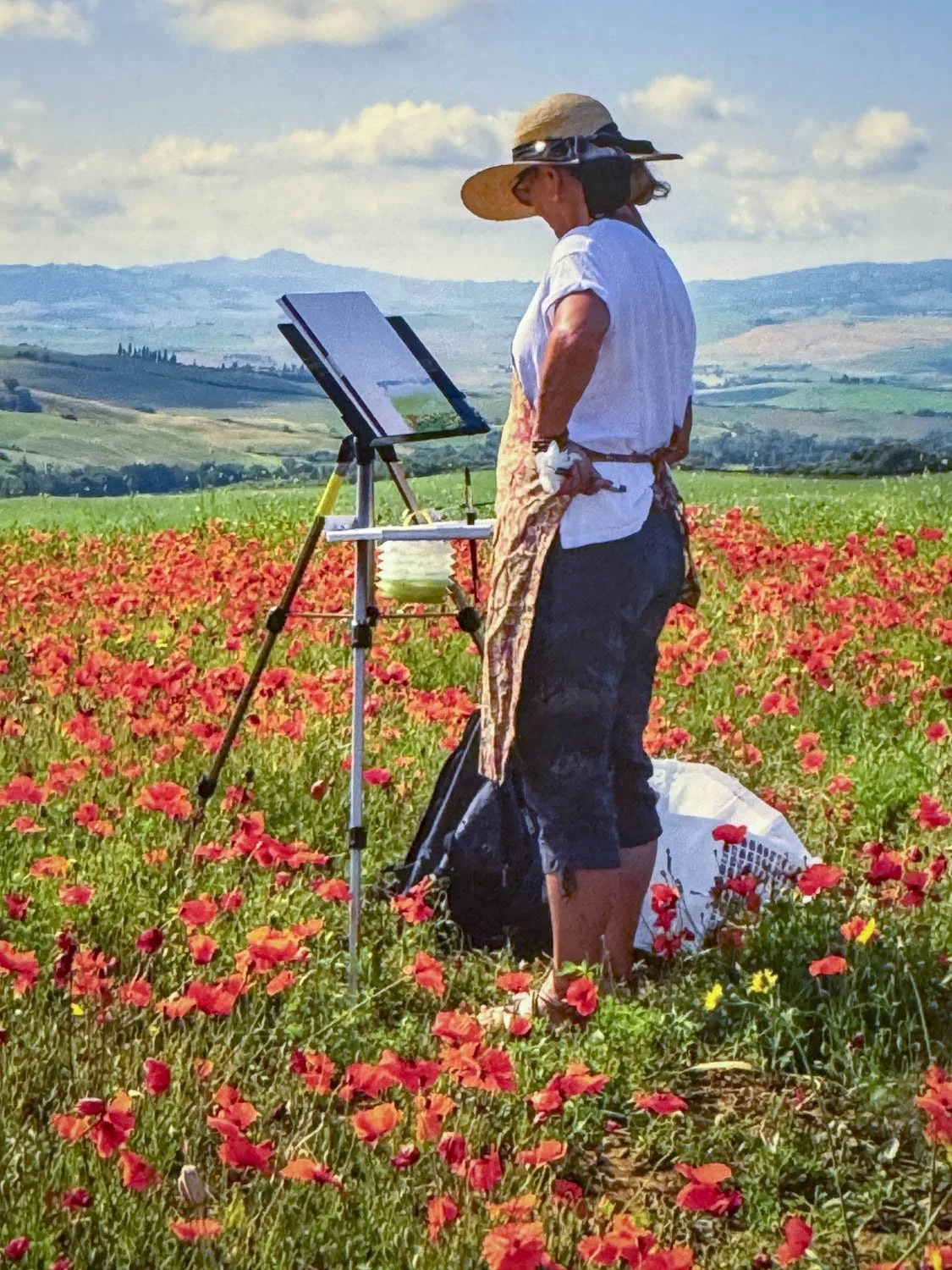 Person painting on an easel in a field of red flowers with a scenic landscape of rolling hills and mountains in the background.