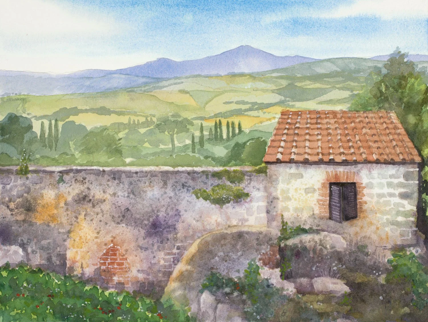 PIENZA WALL, ITALY ~ 11 x 14", Watercolor on Archival Paper