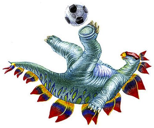 A colorful cartoon dinosaur with red and blue fins on its tail and back, playing soccer and kicking a black and white soccer ball.
