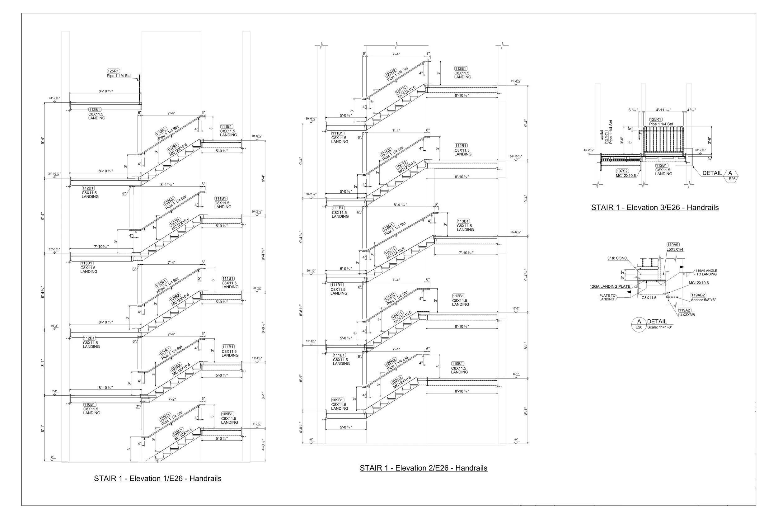 Architectural blueprint of staircase elevations with detailed measurements and handrails.