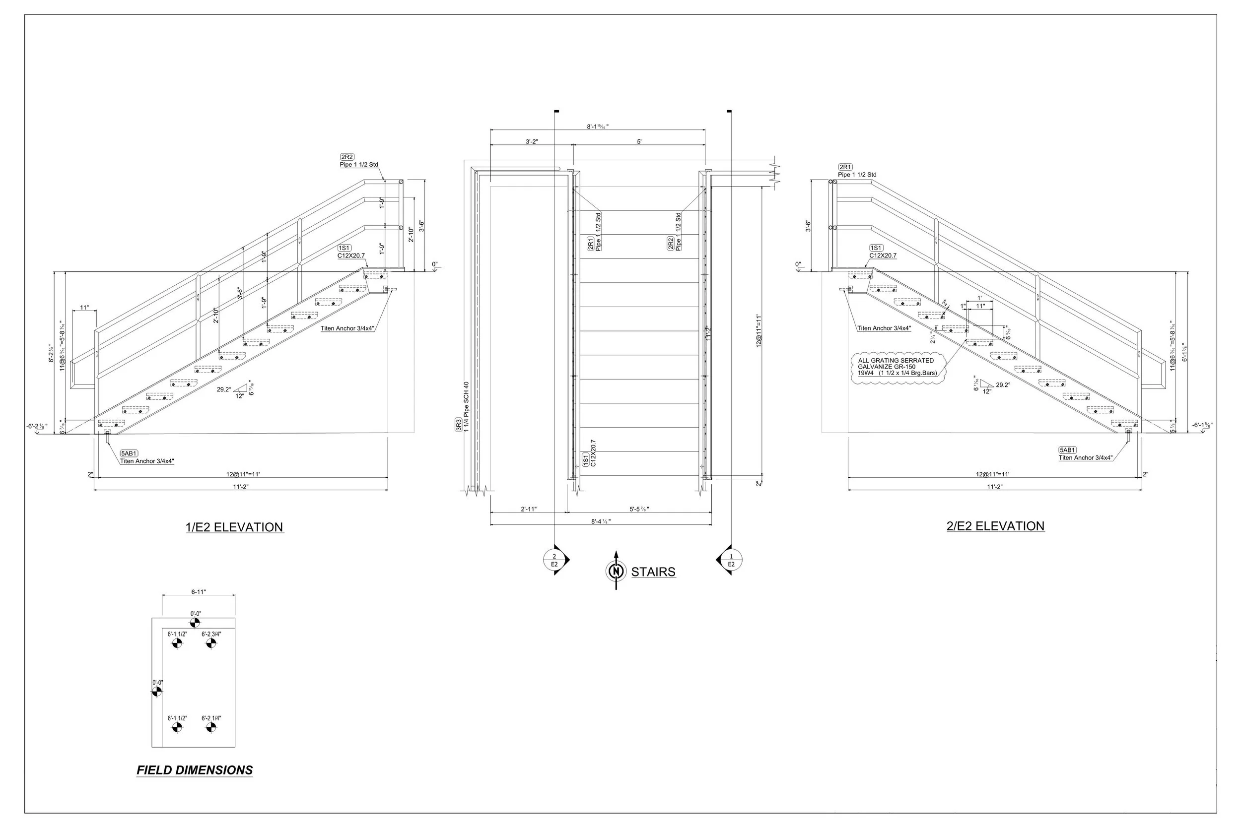 Technical architectural drawing of a staircase with side elevations and a front elevation, including detailed measurements and annotations.