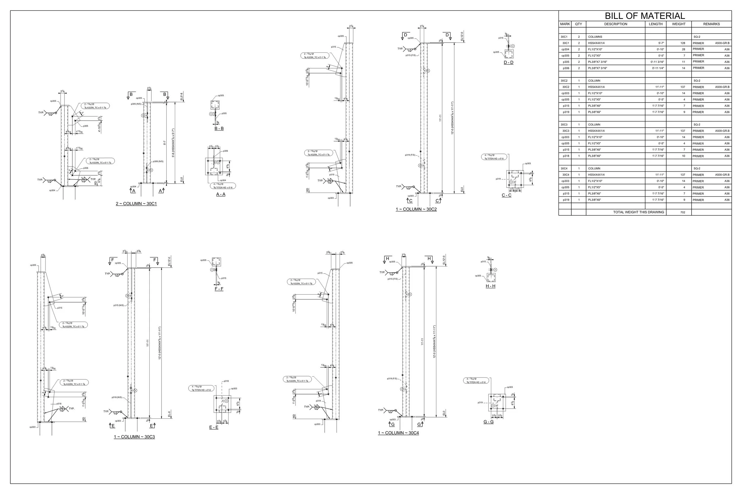 Technical engineering drawing of a construction plan with detailed specifications, measurements, and a bill of material listing various components and their quantities.