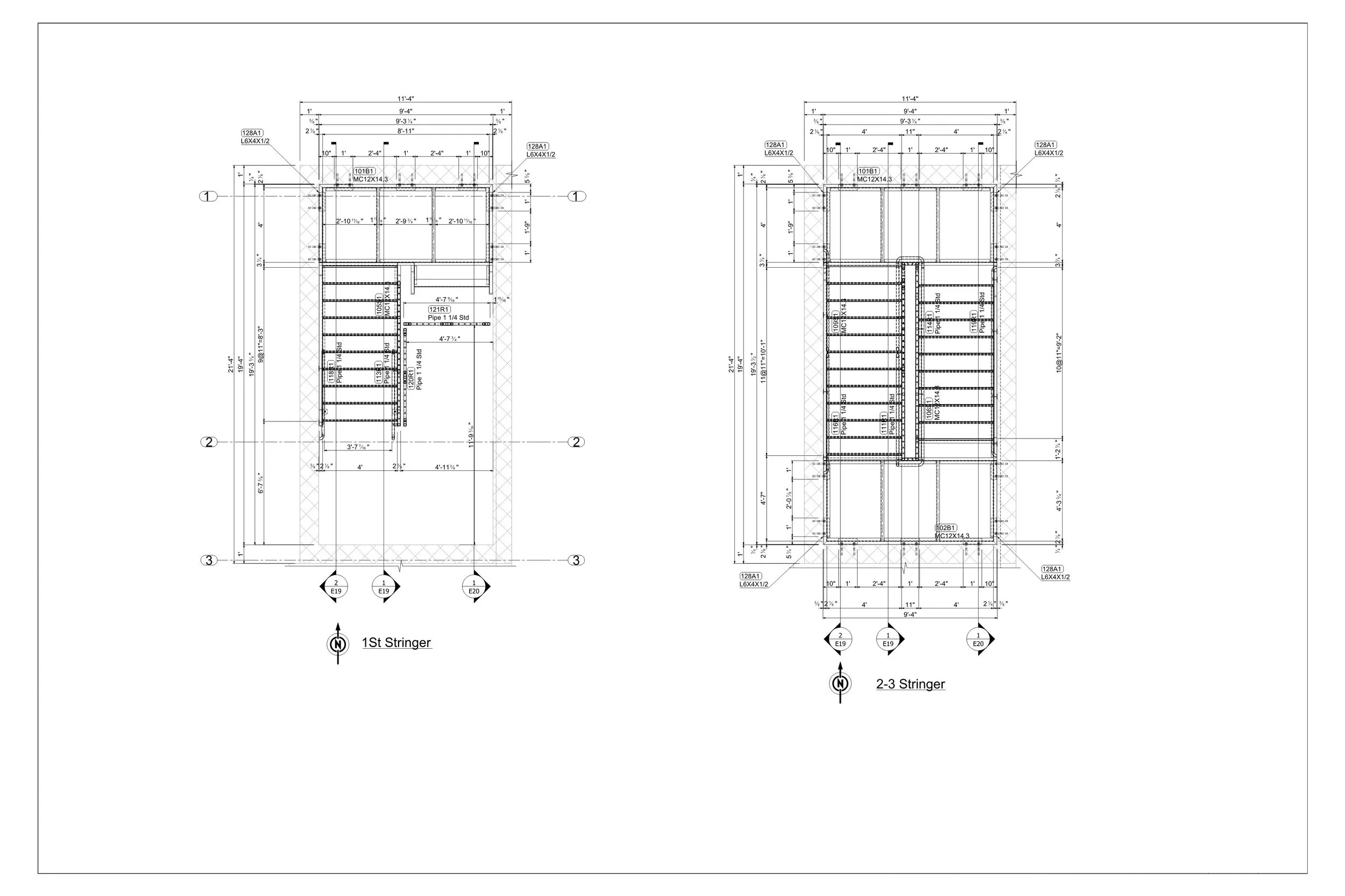Architectural plan with two detailed building elevation drawings, showing dimensions, structural elements, and labels for construction.