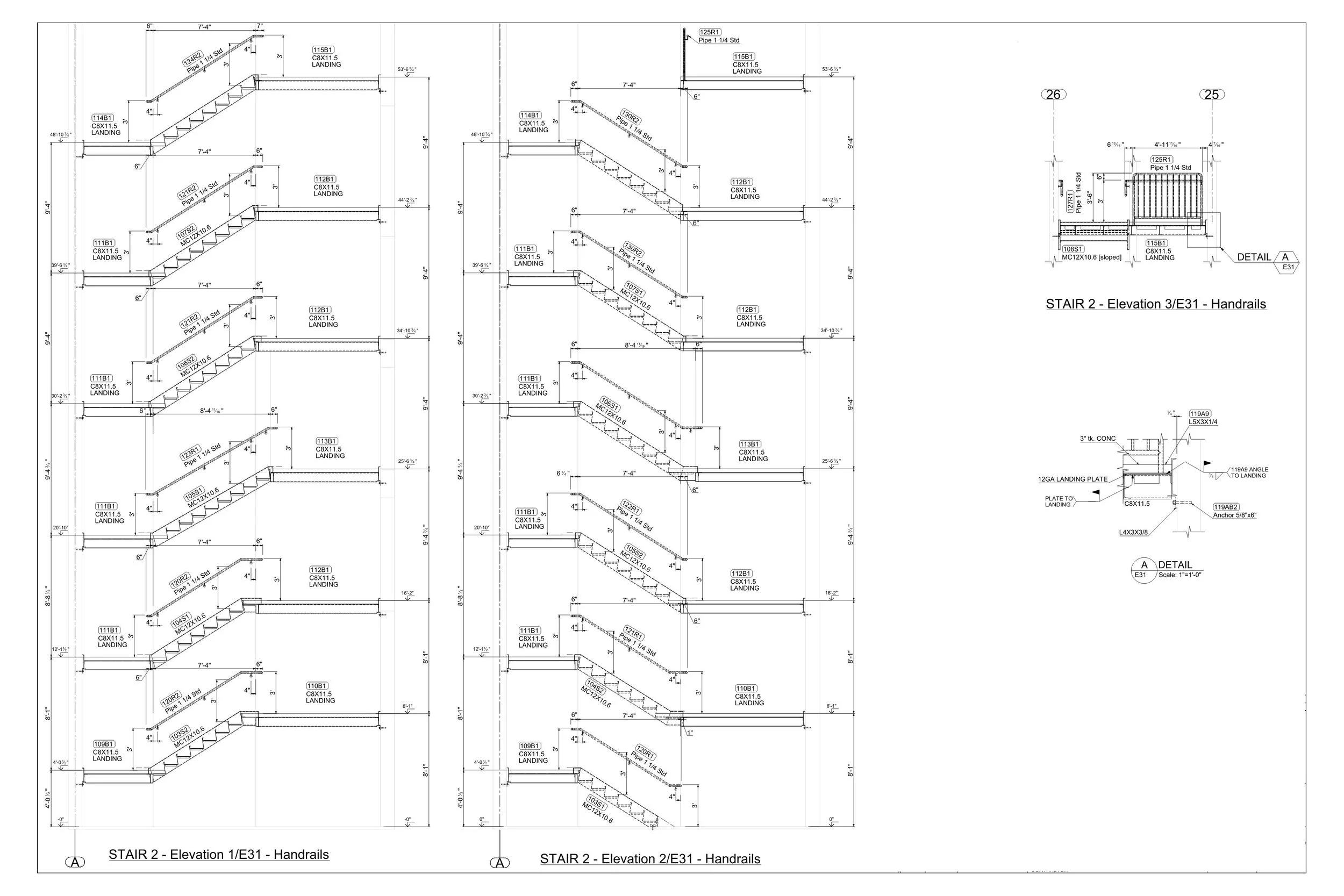 Technical architectural drawing of staircases, showing multiple elevation views, handrails, and detailed measurements for construction.