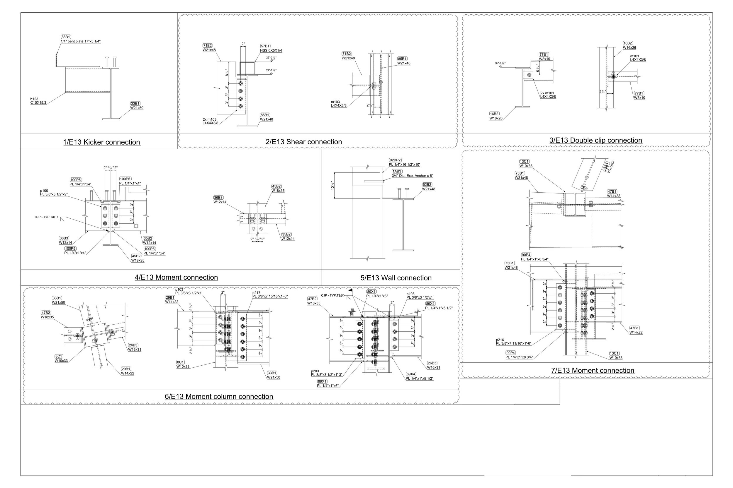 Technical engineering drawings of various E13 connection types, including kicker, shear, double clip, moment, and wall connections, with detailed measurements and annotations.