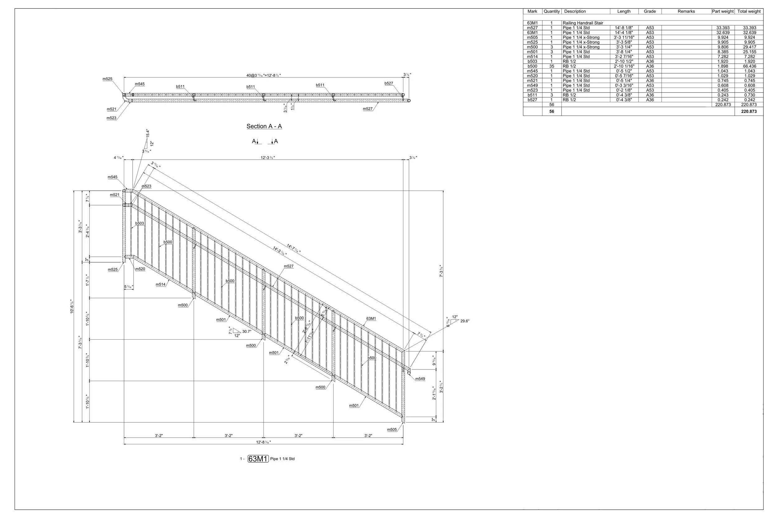 Technical drawing of a railing system with detailed measurements, labels, and a parts list in the top right corner.