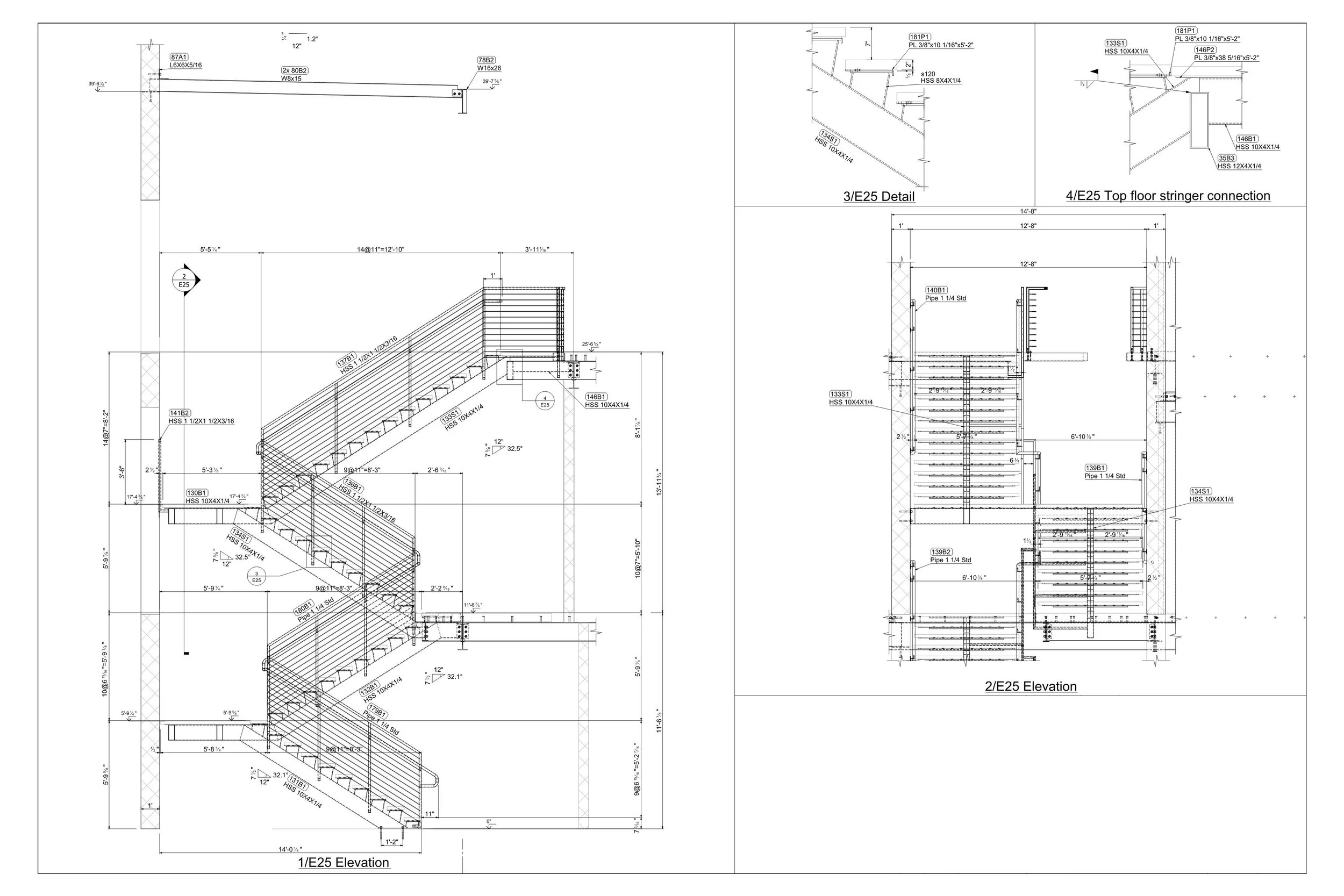 Architectural drawings of a staircase including elevation views and detailed connections.