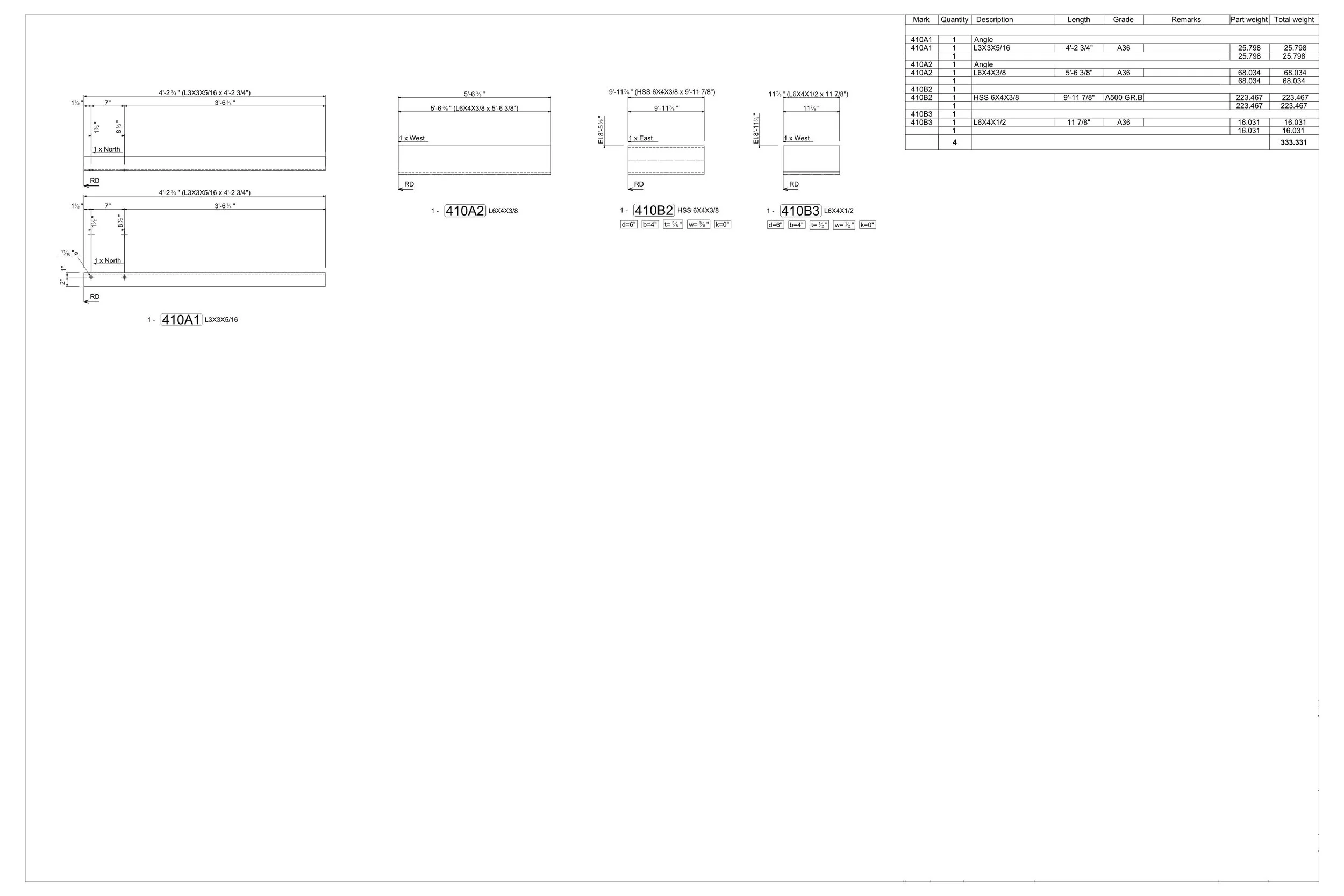 Technical engineering drawing of various steel beams with dimensions, labels, and specifications.