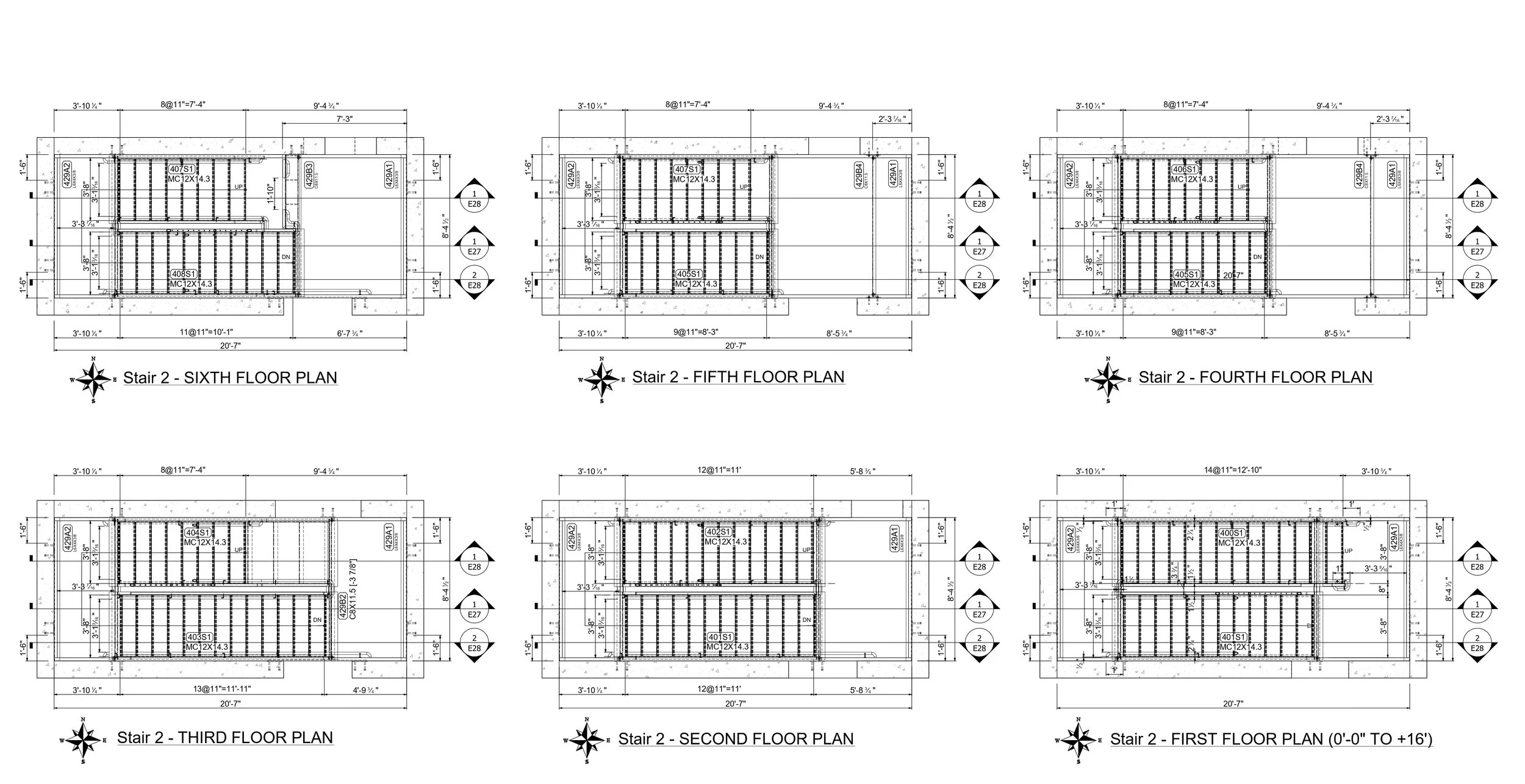 Architectural blueprint showing the stair plans for the second floor, including sixth, fifth, fourth, third, second, and first floors with detailed measurements and annotations.