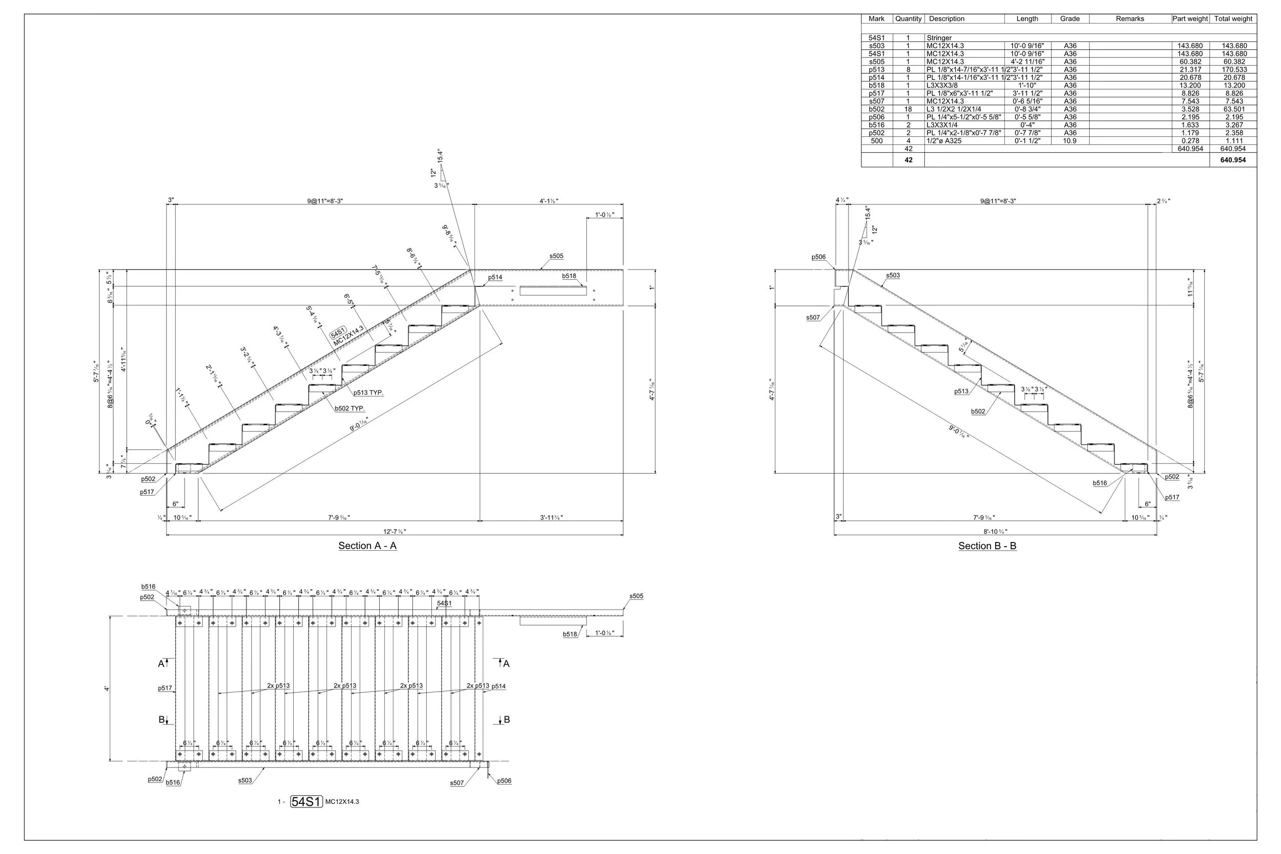 Detailed engineering drawing of a staircase, showing sections A-A and B-B, along with a parts list in the top right corner.