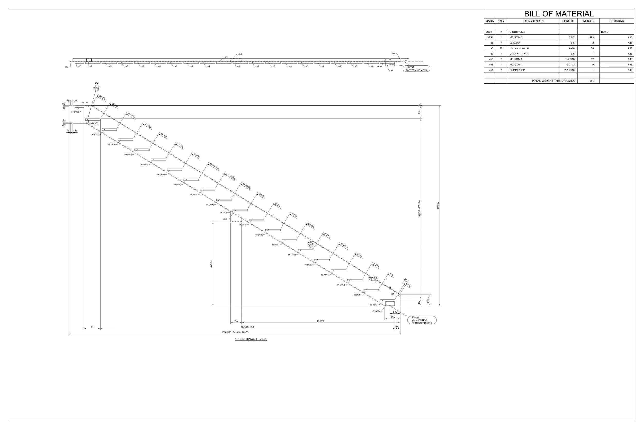 Technical engineering drawing of a staircase with detailed measurements and specifications, including a bill of materials in the upper right corner.