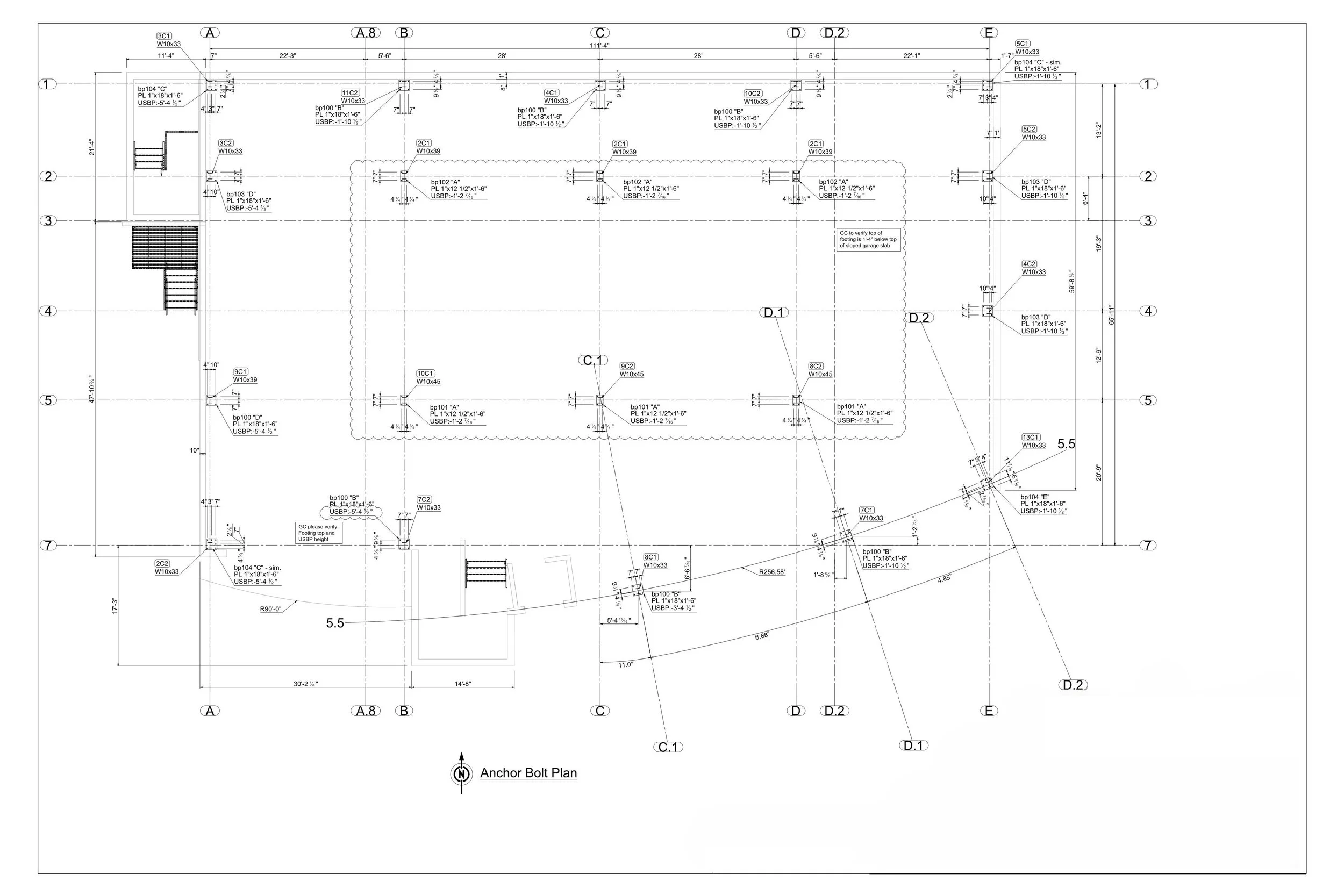 Architectural drawing of an anchor bolt plan, showing the layout and details of bolt placements, dimensions, and construction notes.