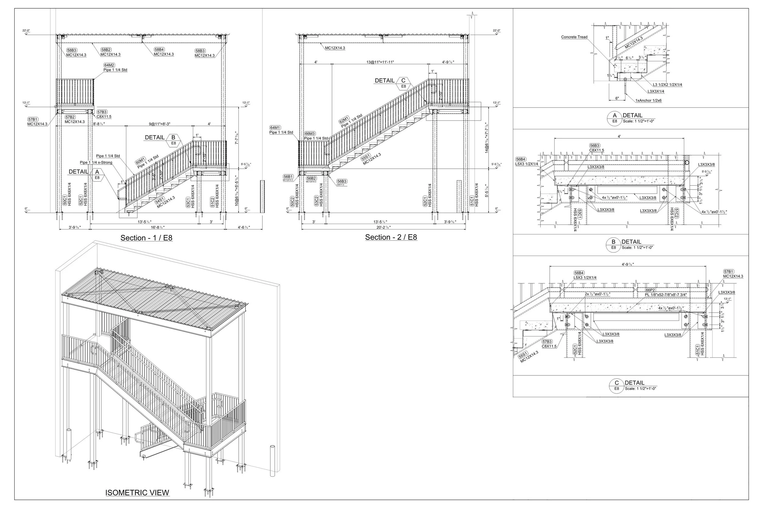 Detailed architectural drawing of an outdoor staircase with various sectional and detail views, including dimensions and construction specifications.
