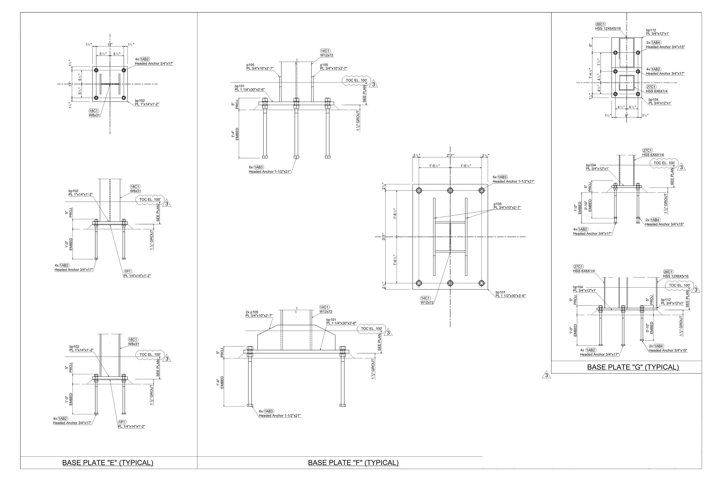 Technical engineering drawing of different base plate configurations labeled as 'Base Plate G', 'Base Plate E', 'Base Plate F', and 'Base Plate D'. Each diagram includes dimensions, bolt placements, and structural details.