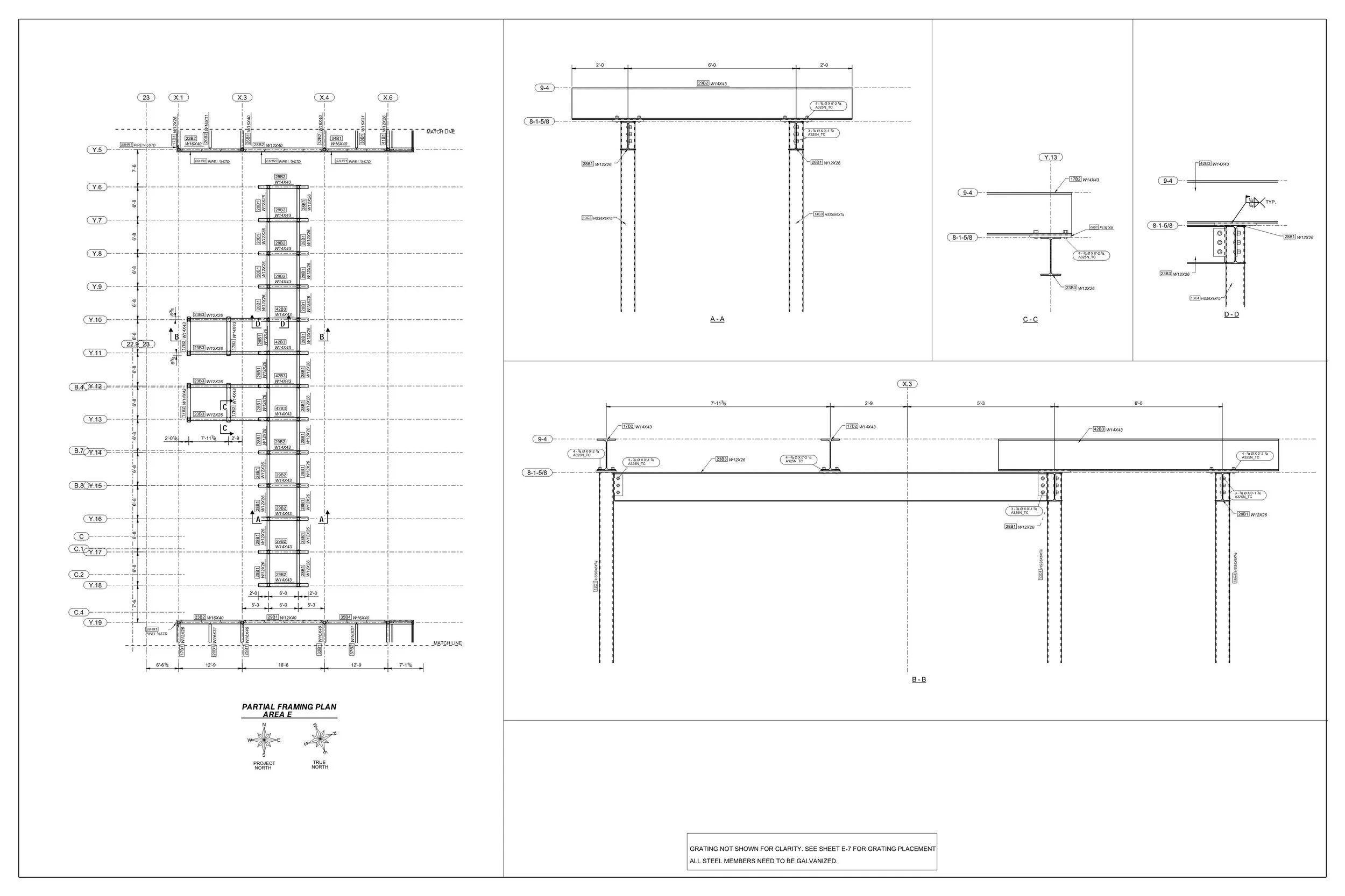 Detailed engineering drawing of a partial framing plan with multiple sections and measurements, labeled with specifications for steel members, cross sections, and construction details.