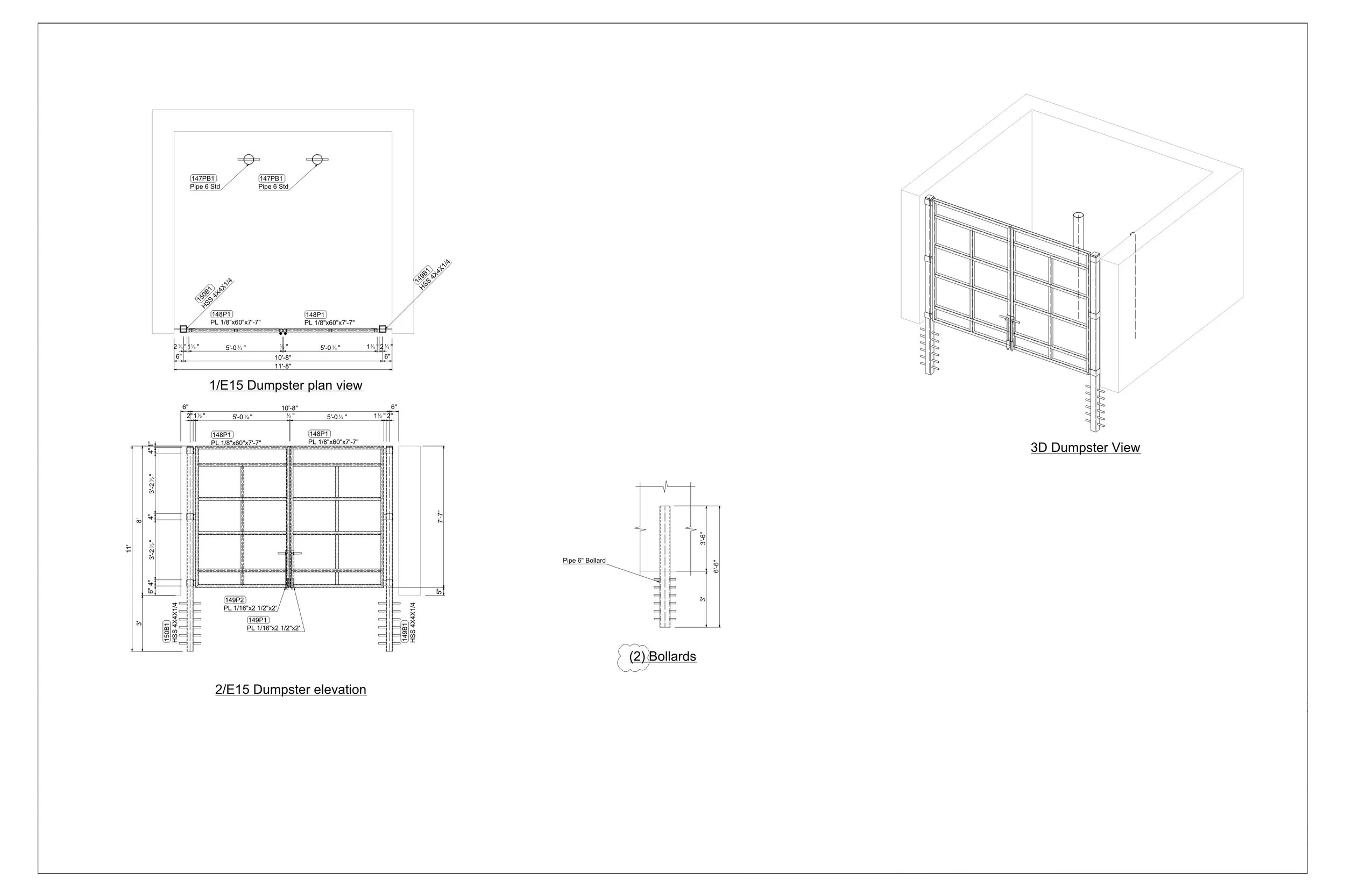 Technical blueprint of a dumpster, including plan view, elevation, 3D view, and details of bollards.