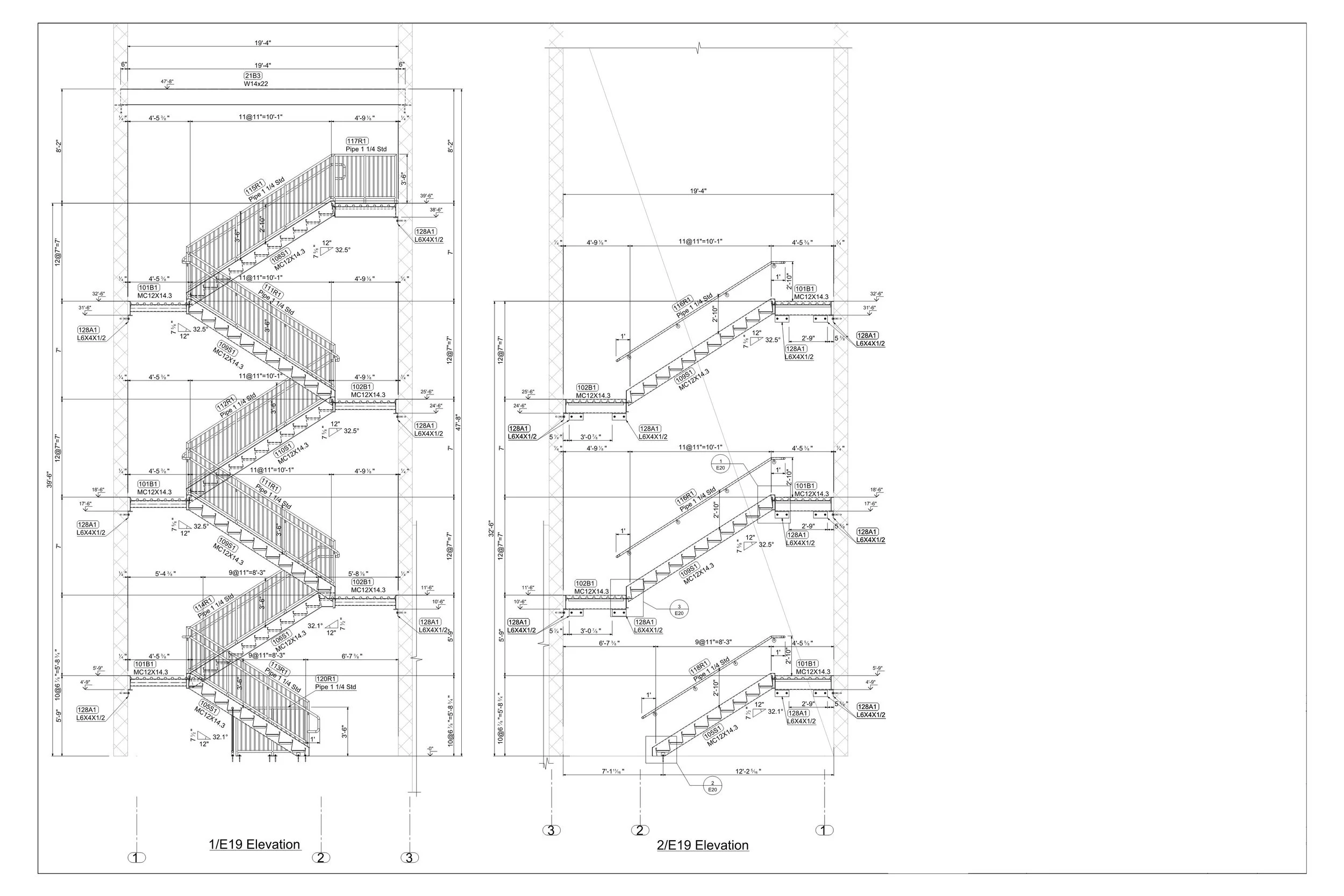 Detailed architectural blueprint of a staircase, showing elevation and side views with measurements, dimensions, and construction notes.
