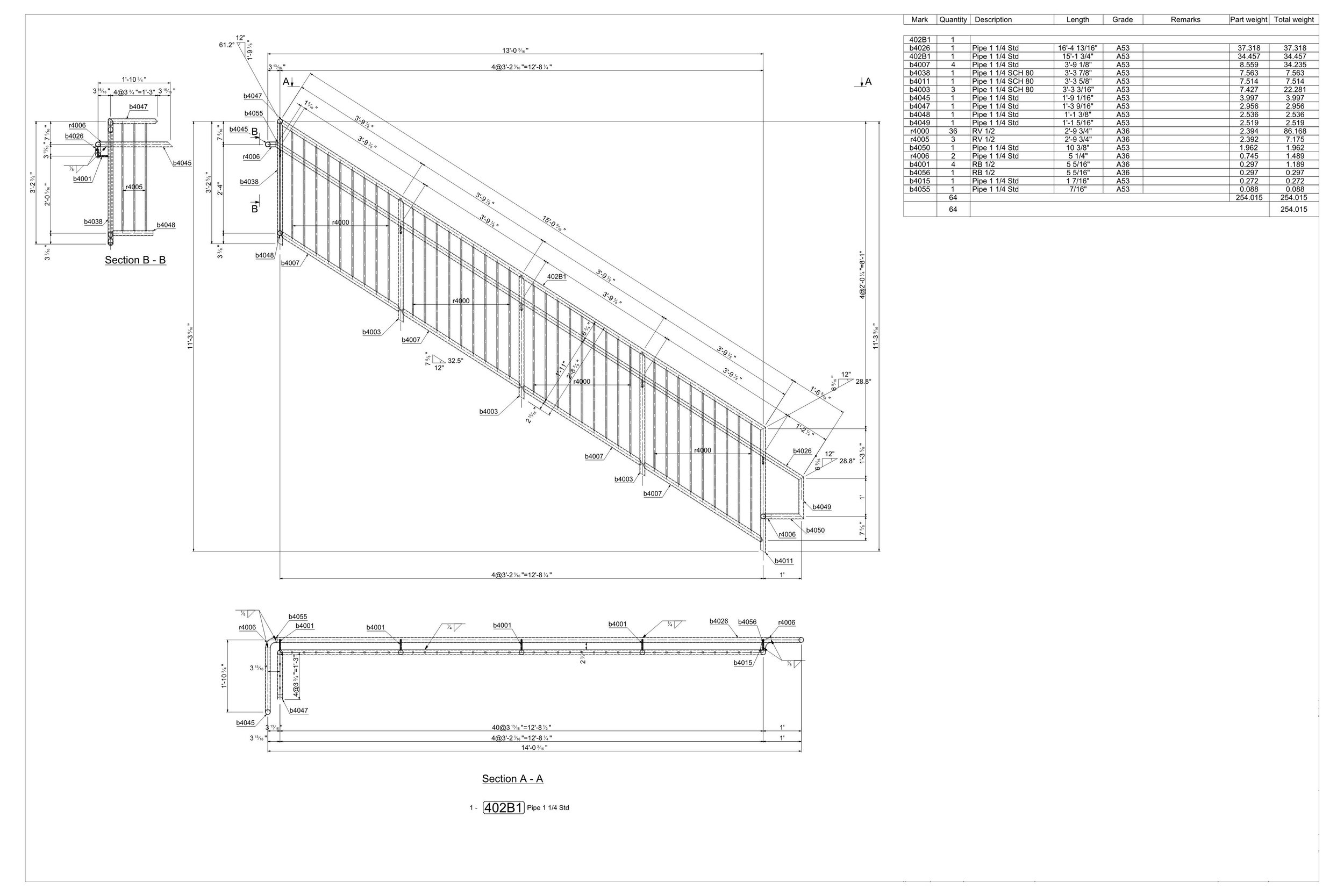 Technical engineering drawing of a metal or wooden structure, possibly a railing or fencing, with detailed measurements, part labels, and a parts list including descriptions, dimensions, and weights.