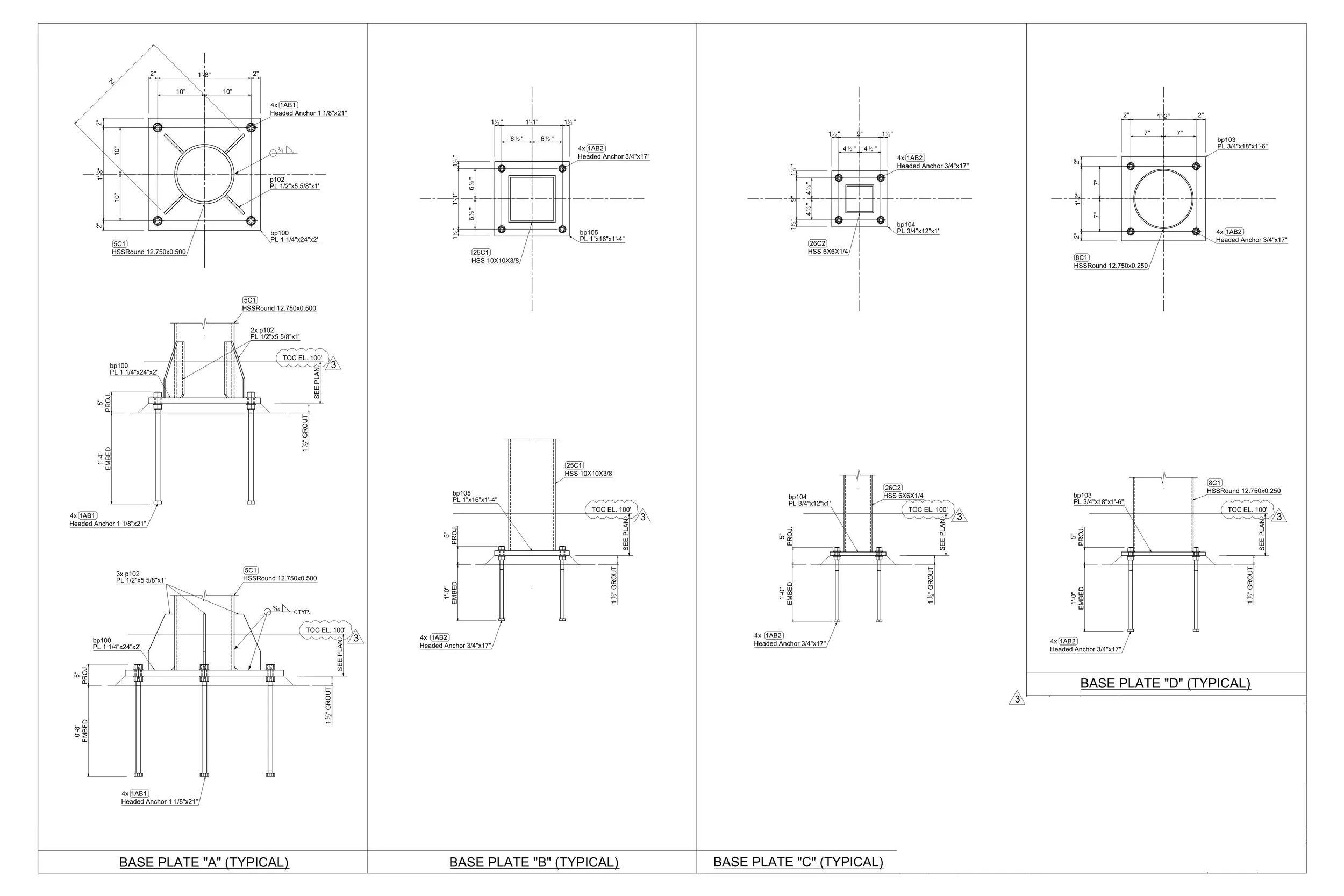 Technical engineering drawing with multiple views of base plates labeled A, B, C, and D, showing dimensions, bolt placements, and construction details.