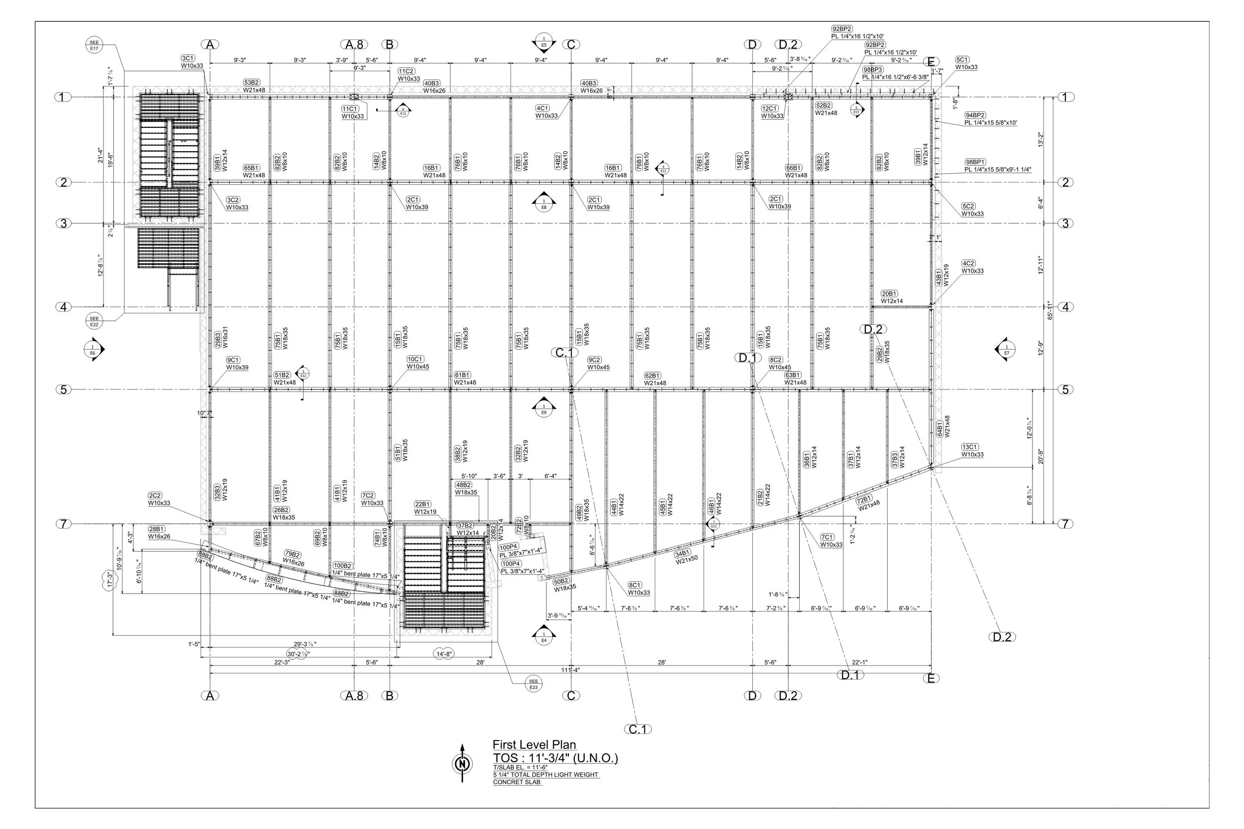 Architectural blueprint of the first level floor plan showing structural elements, rooms, measurements, and notes.