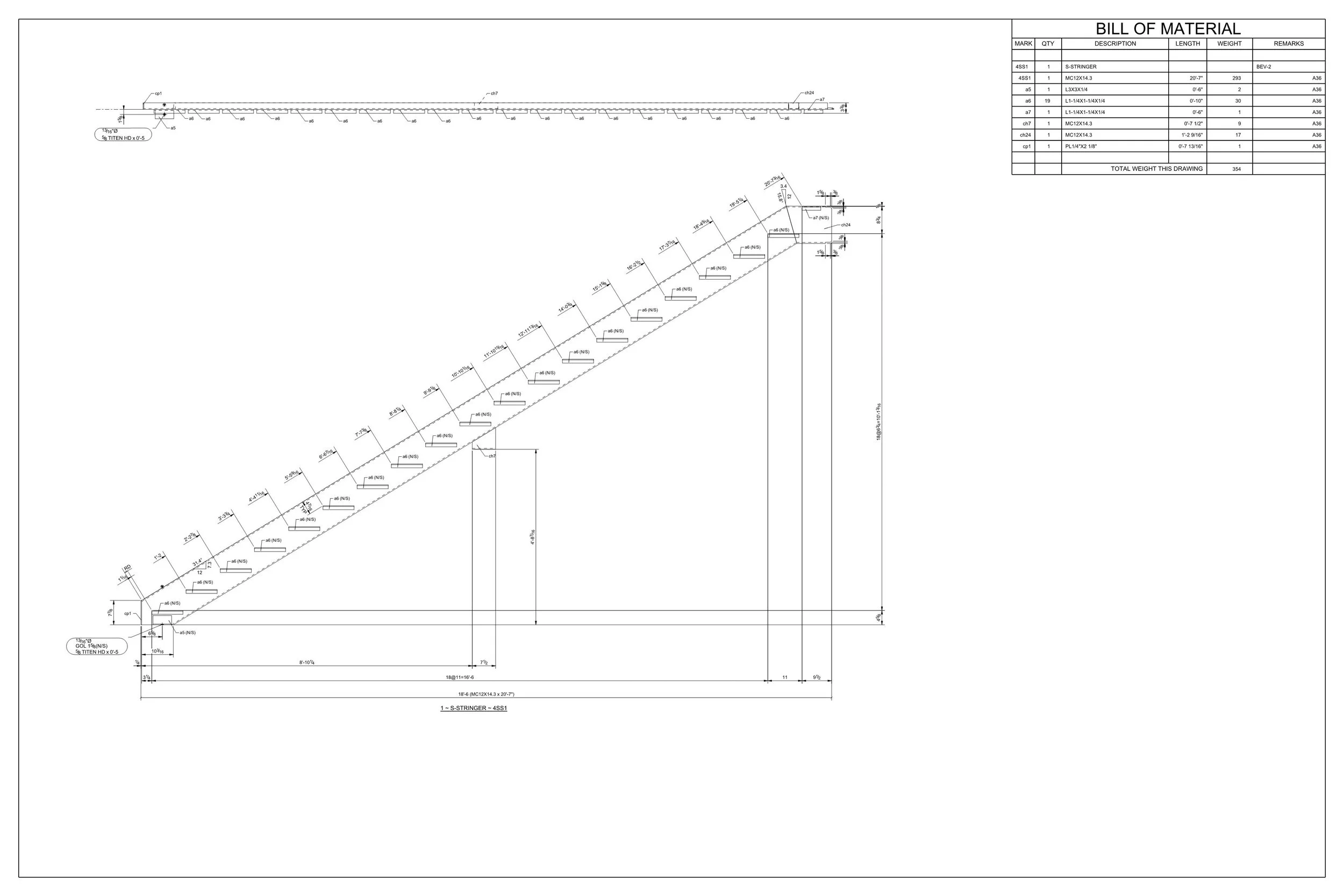 Technical drawing of a staircase with detailed measurements and a bill of materials in the top right corner.