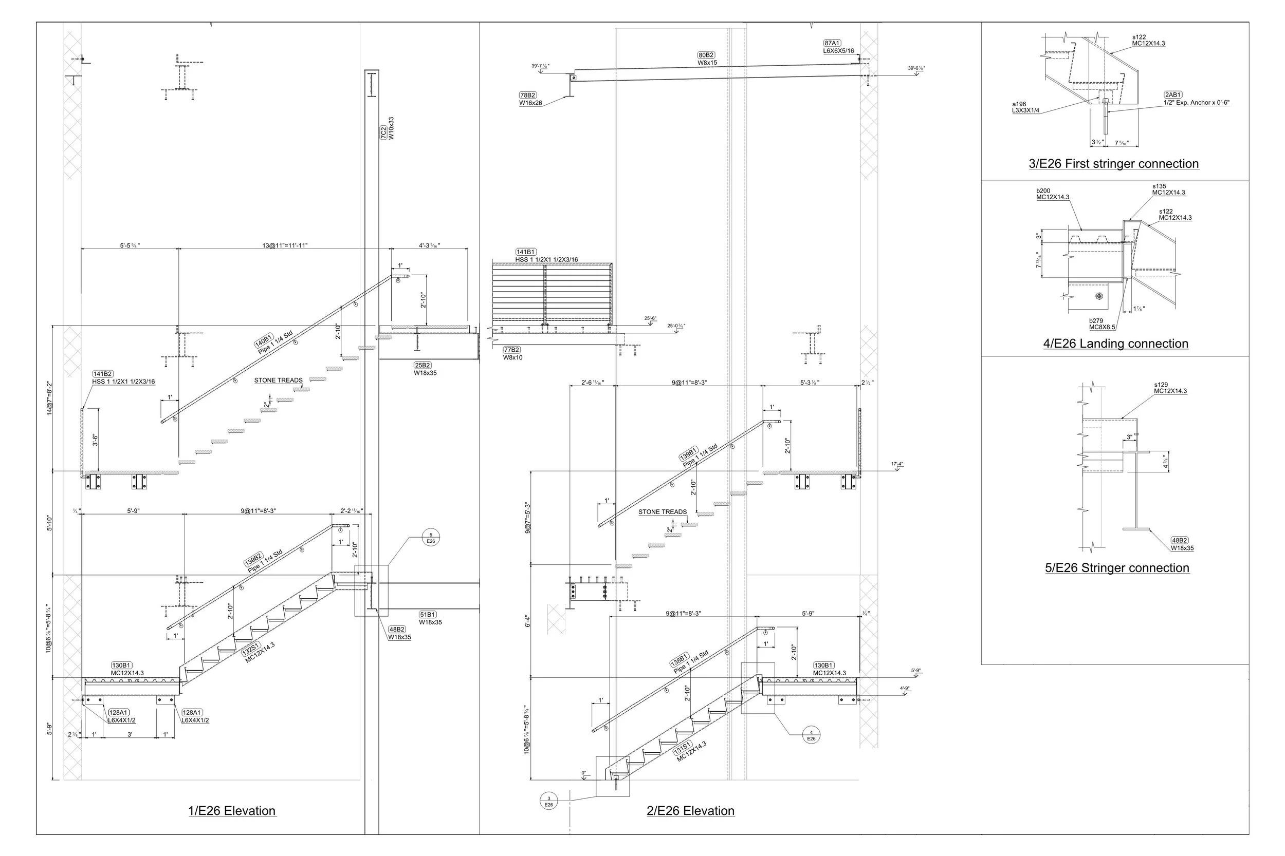 Technical engineering drawing with stairway elevations, connections, and detailed annotations.
