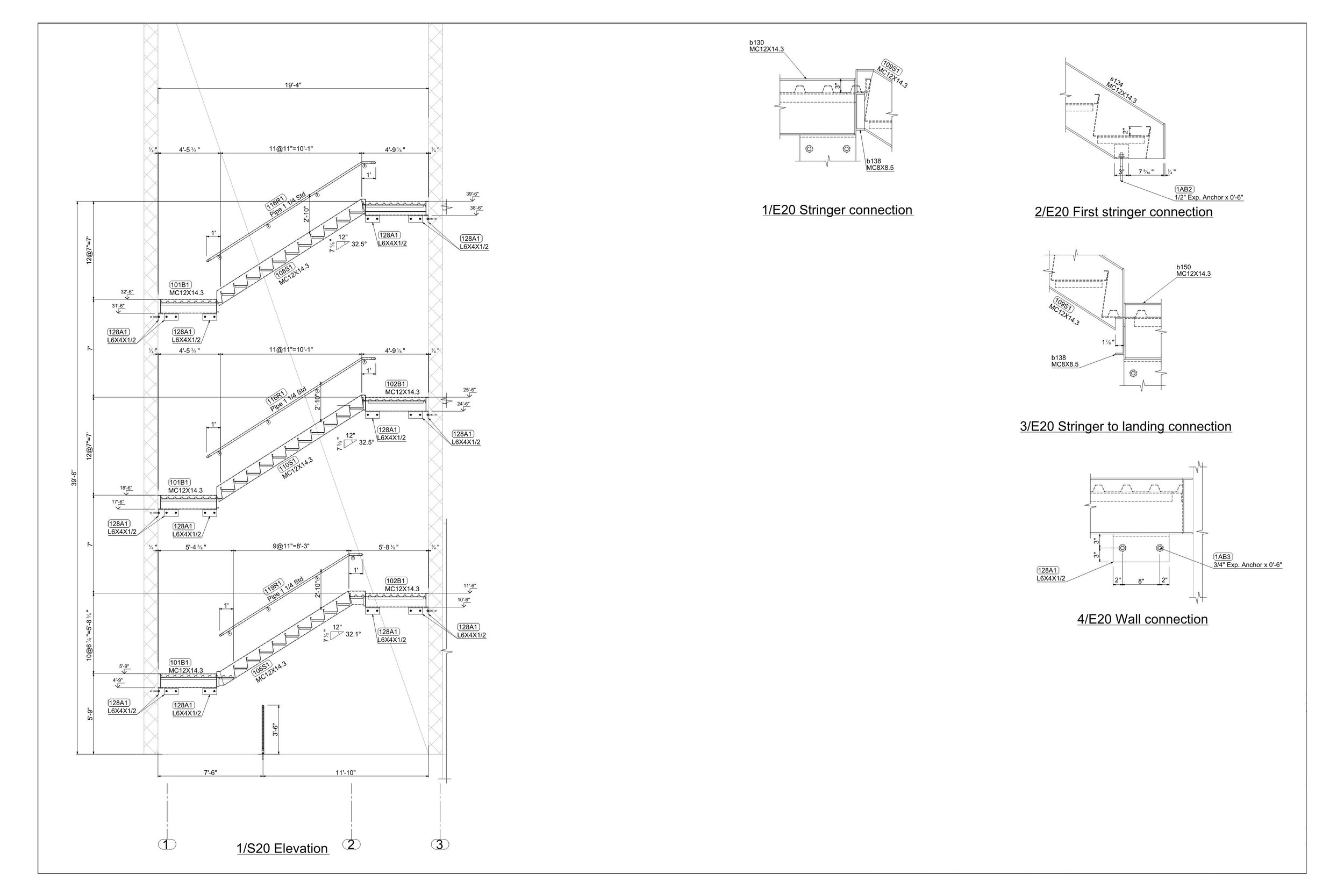 Engineering drawing of staircase side elevation with detailed measurements and connection specifications.