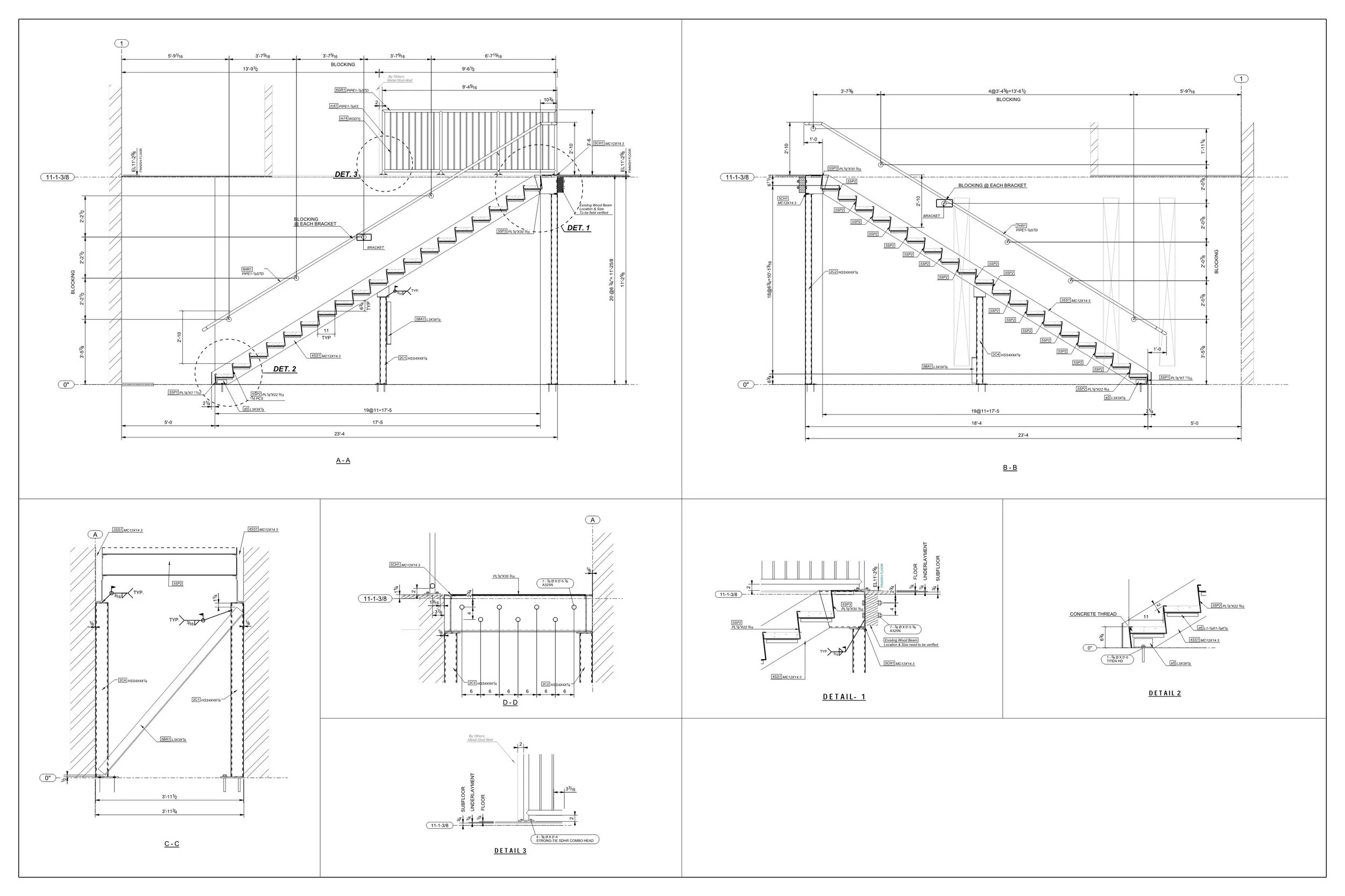 Technical architectural drawing of a staircase with detailed measurements and construction specifications.