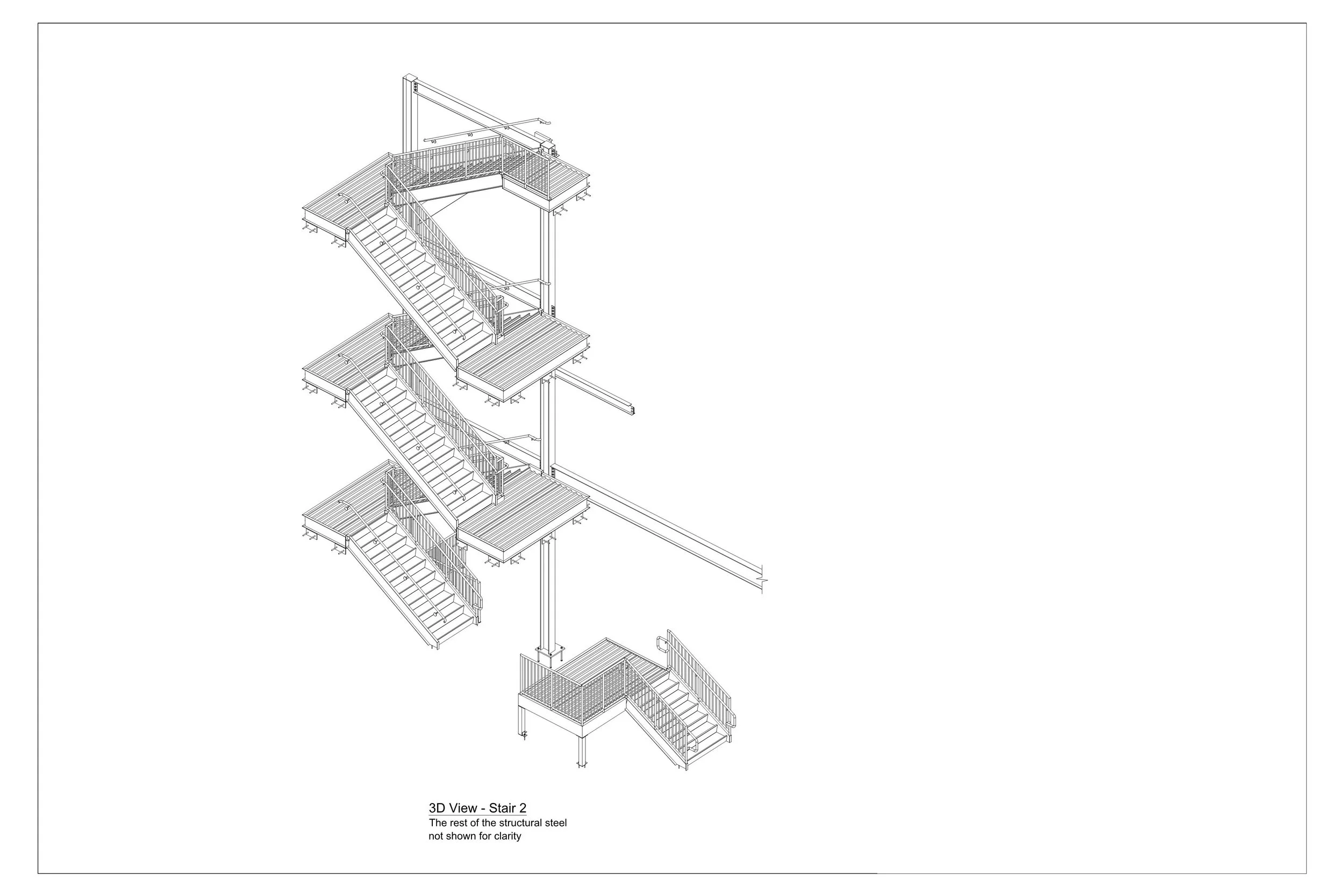 3D architectural drawing of a staircase structure showing multiple landings, stairs, and railings, labeled '3D View - Stair 2'.