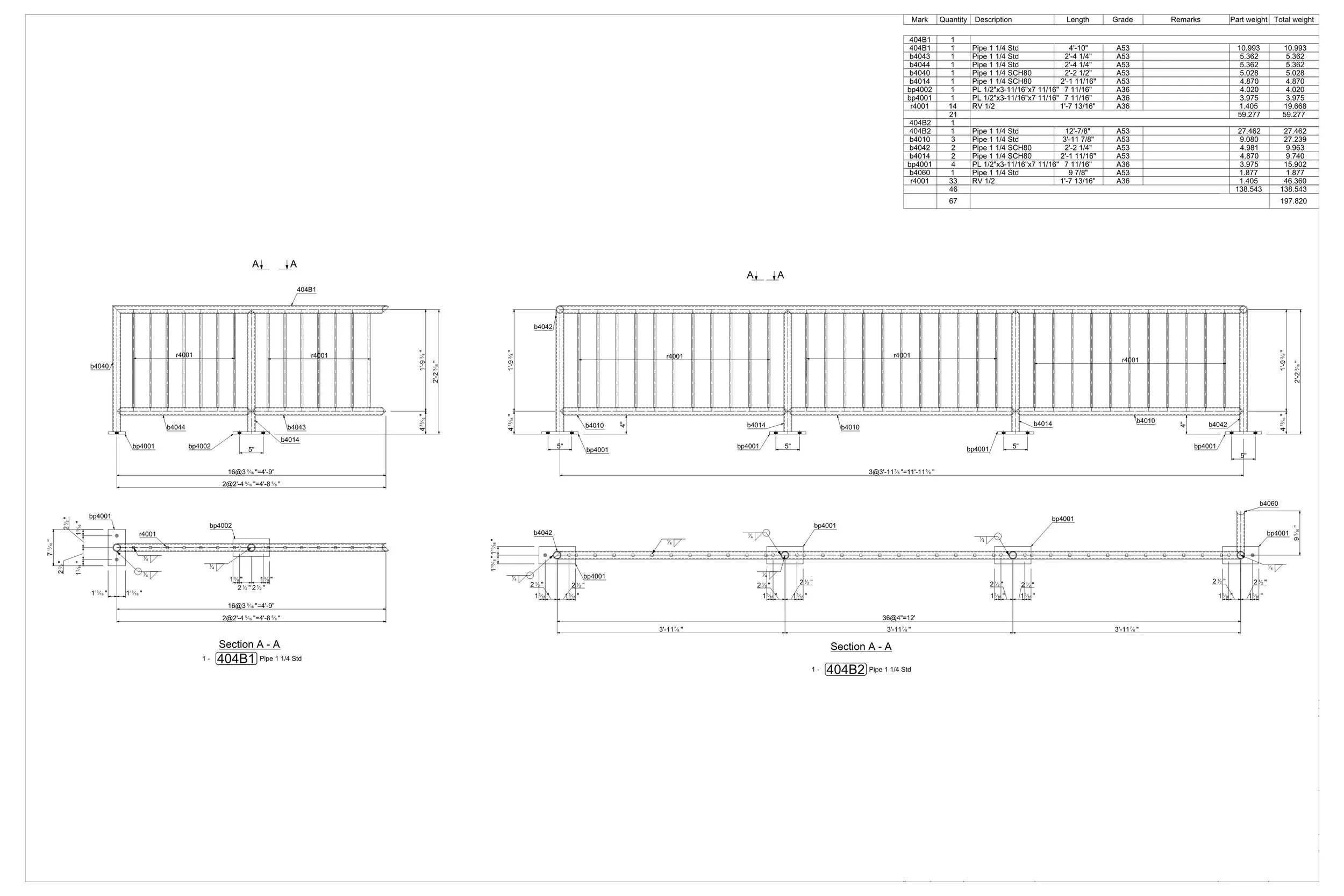 Technical engineering drawing of a piping system with side and top views, section cuts, and a parts list in the upper right corner.