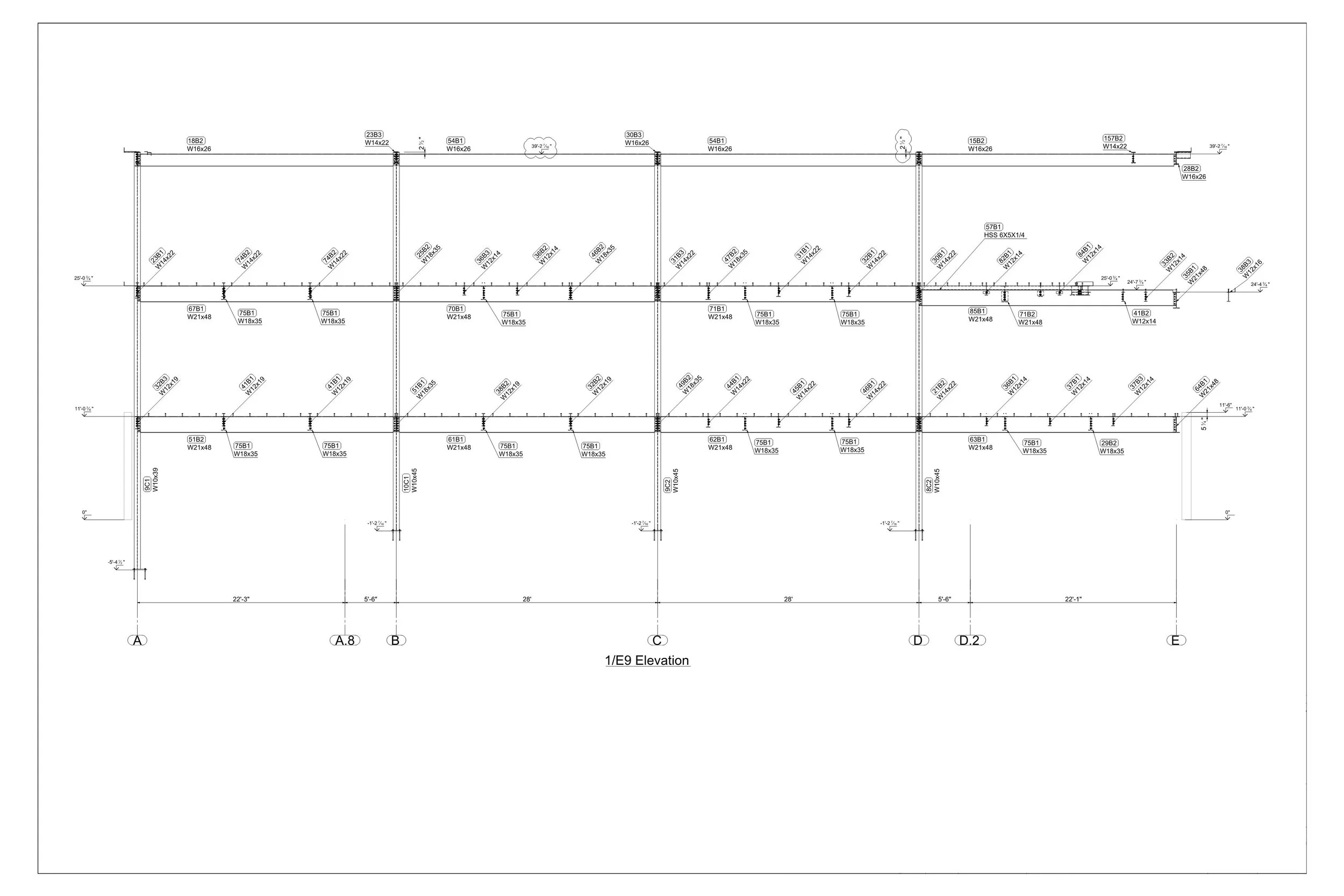 Blueprint architectural elevation drawing of a building with measurements and structural details.