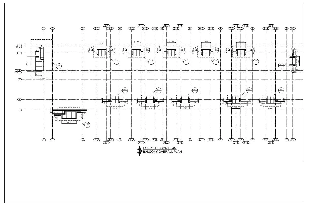 Architectural blueprint of the fourth-floor balcony plan with structural details and dimensions.