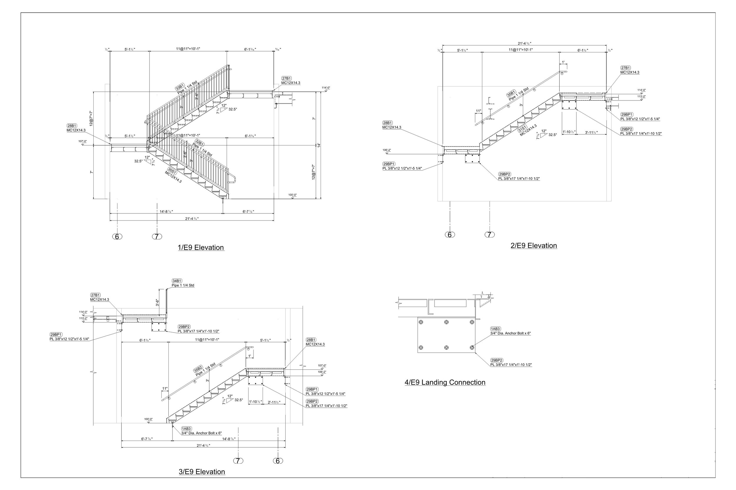 Technical engineering drawing of a staircase, including various elevation views and a landing connection diagram, with detailed measurements and annotations.