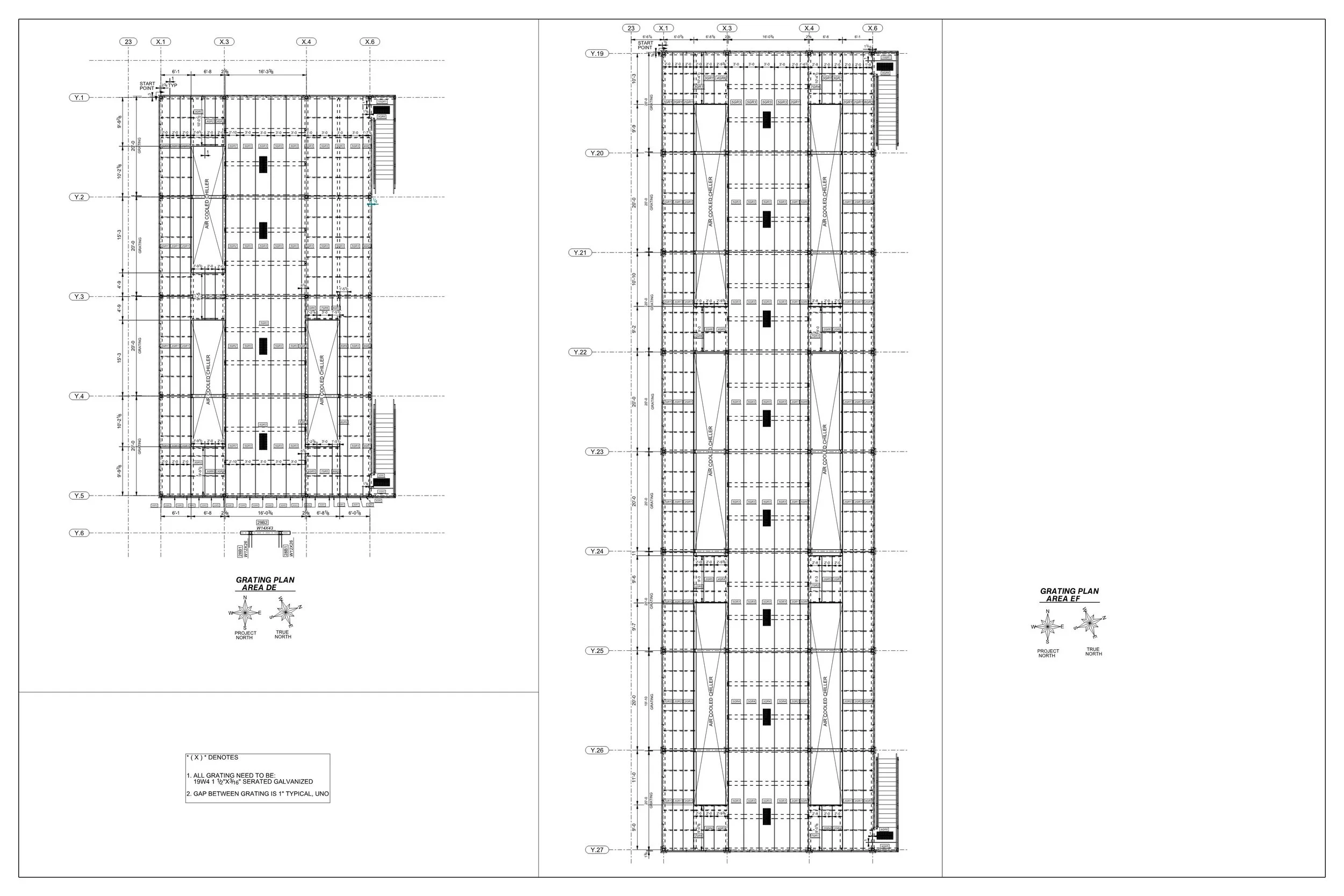 Architectural blueprint of a construction site showing structural plan with grid lines, measurements, stairs, and other building details.