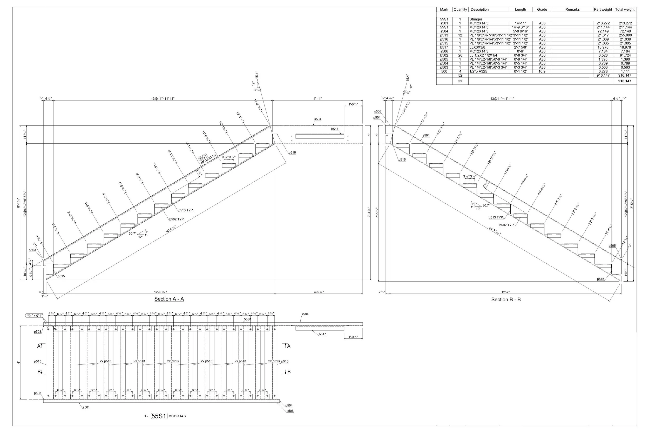Engineering blueprint of stairs, showing sections, measurements, and part specifications.
