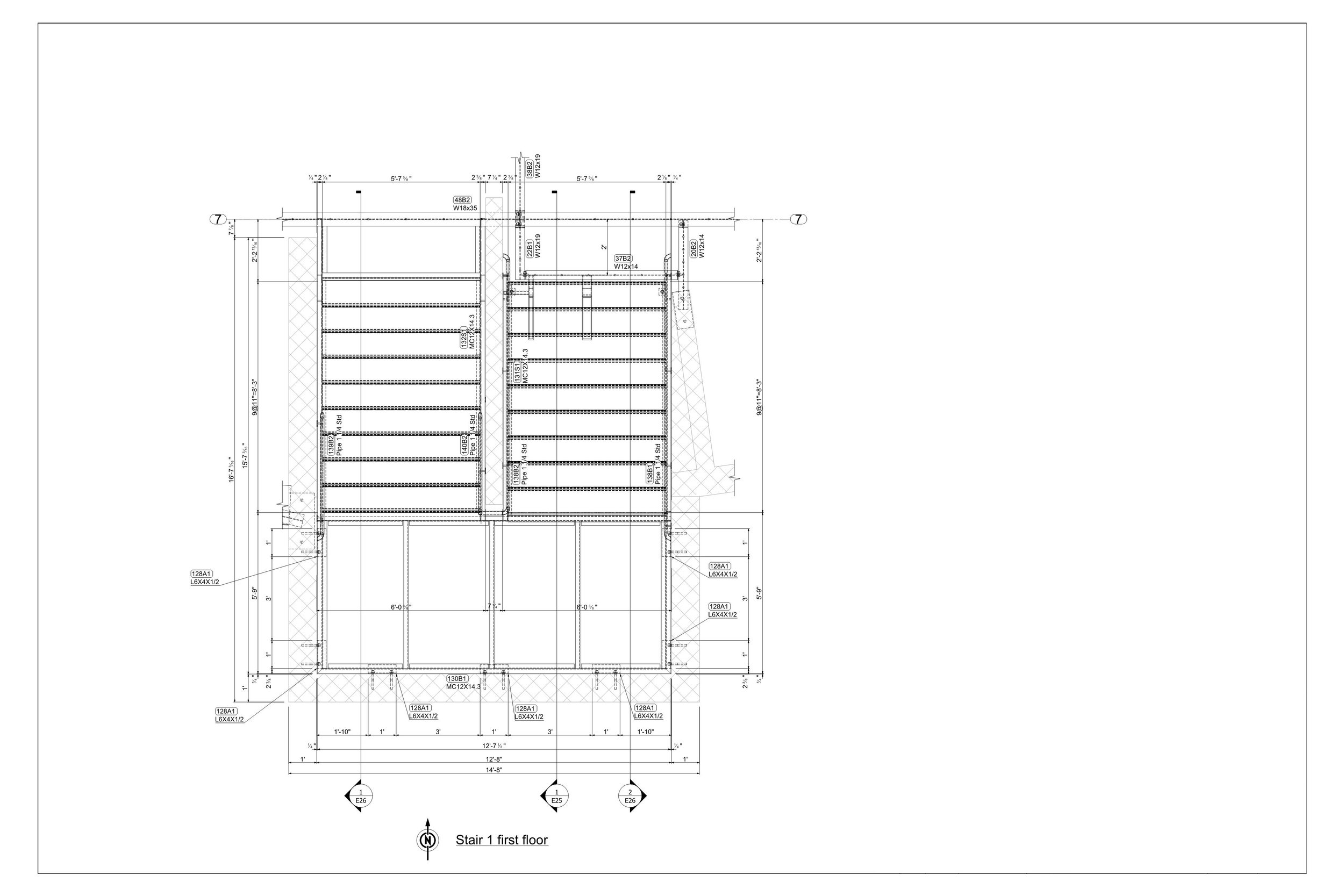Architectural blueprint of the first floor staircase, showing detailed measurements and structural components.