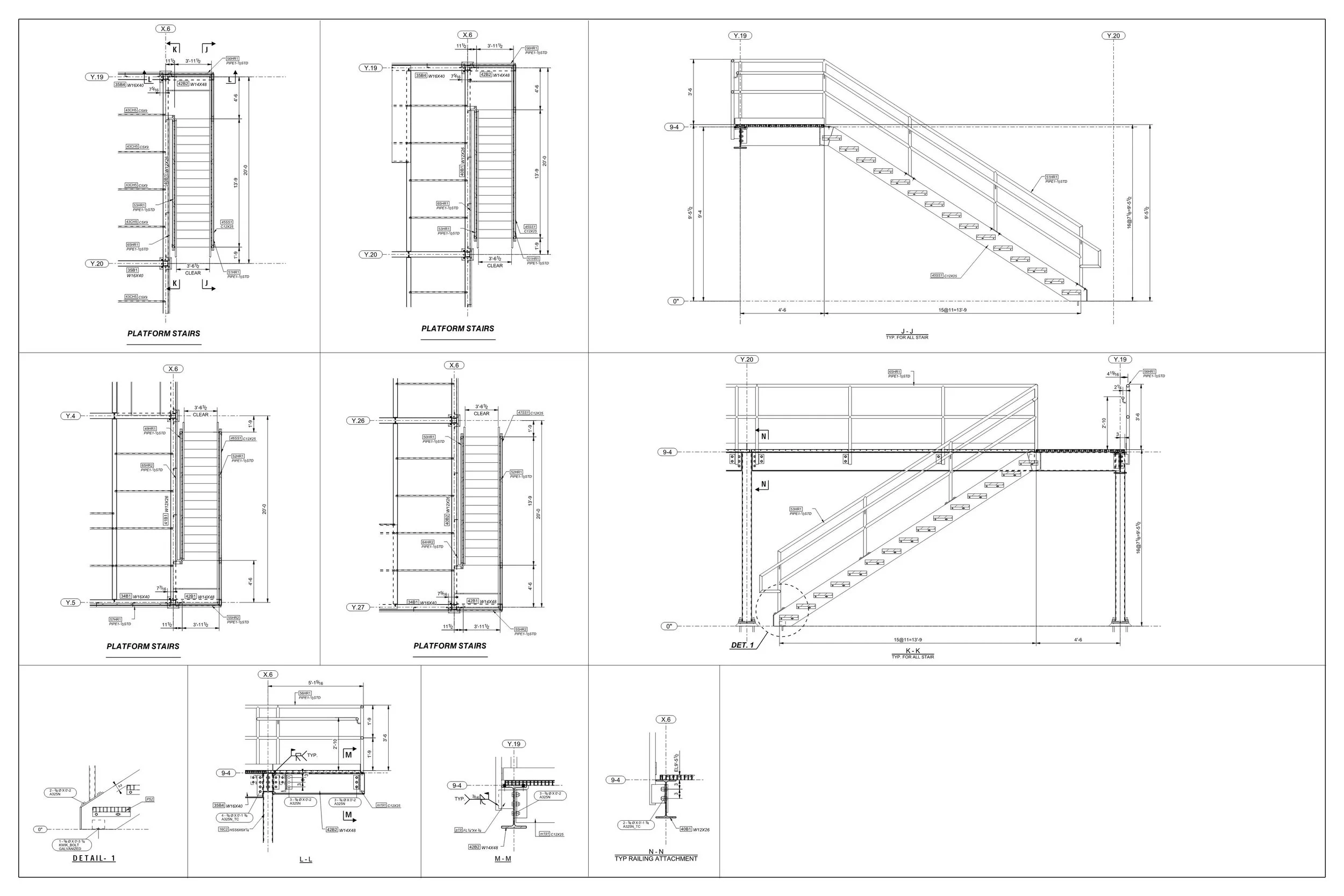 Technical blueprint of platform stairs showing multiple views, measurements, and detailed construction components.