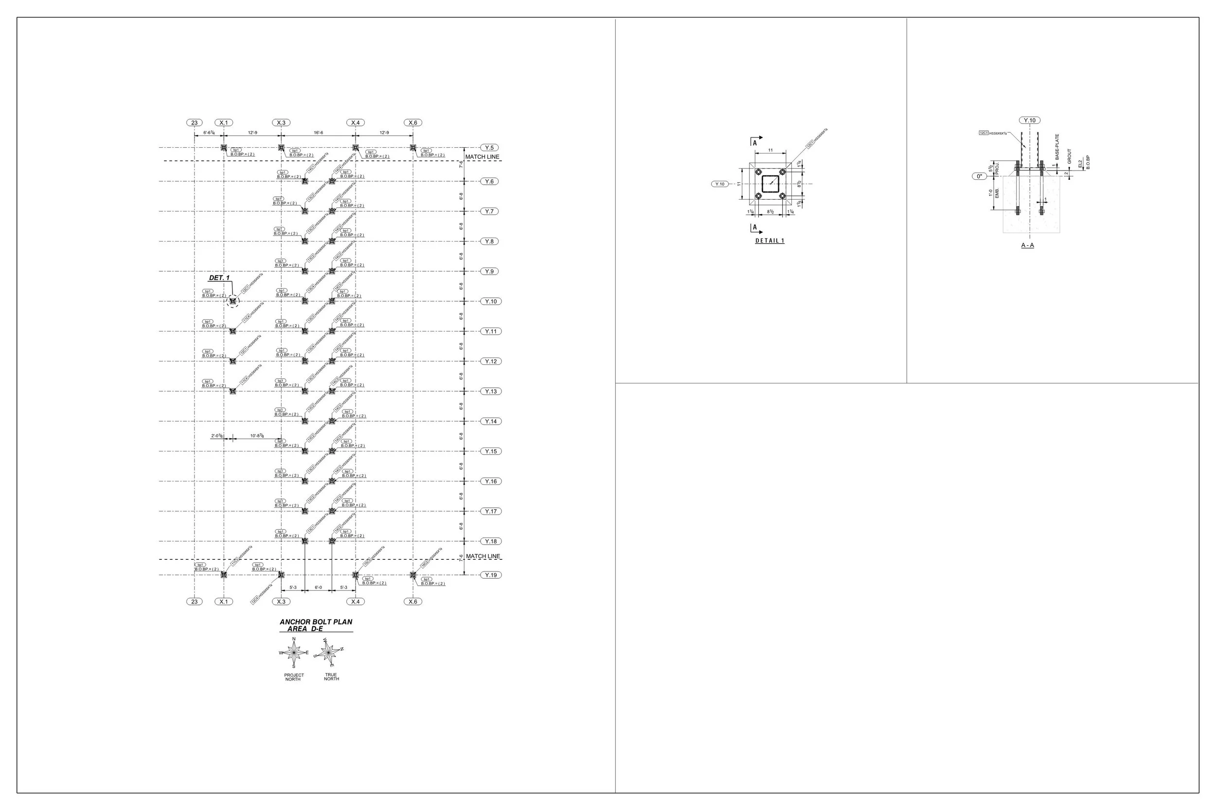 Engineering drawing of an anchor bolt plan with labels, measurements, and detailed views of the anchor bolt structure.